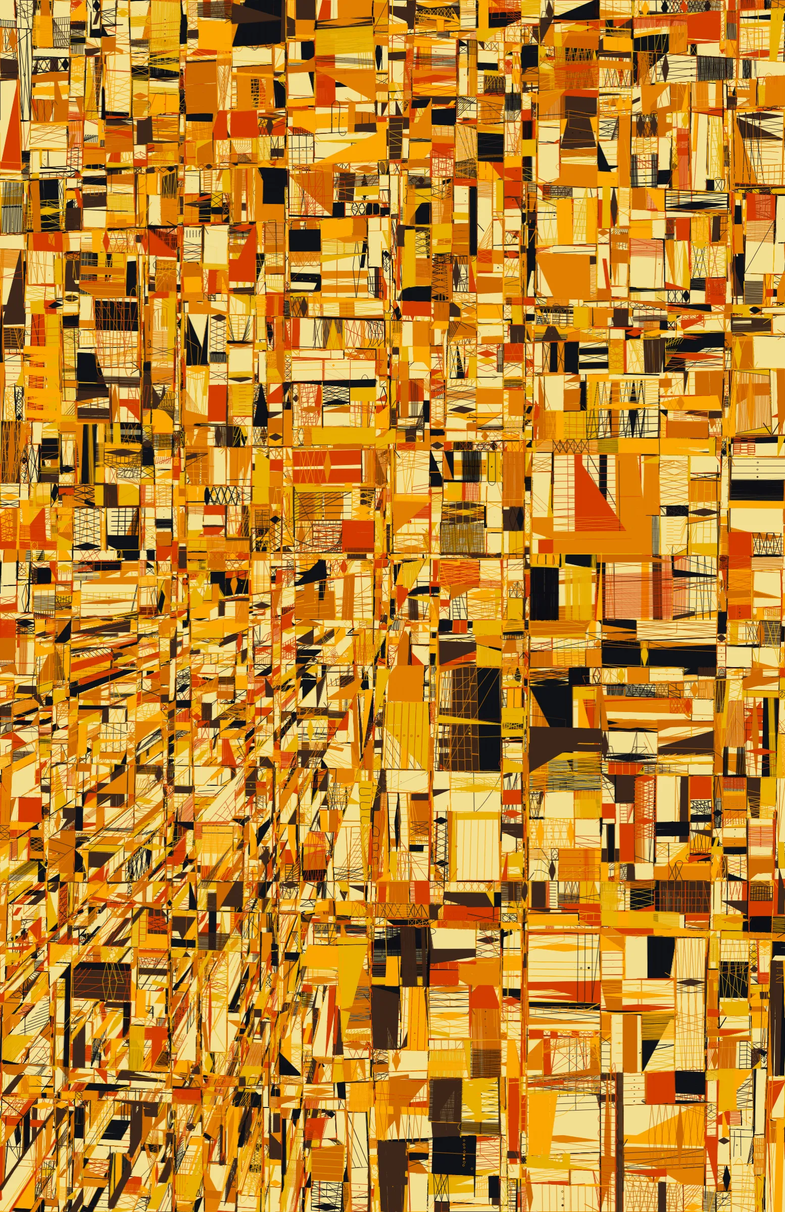 _100 PRINT_ is a nonfigurative, abstract generative drawing system based on the principles of visual perspective. Each edition is made up of carefully constructed lines and shapes that fit into a multidimensional world created on the fly, inviting the viewer to let their eyes wander and find pockets of what appear to be deliberately constructed objects in 3D space. _100 PRINT_ is an experimental project that draws inspiration from a wide variety of sources, including cubist and abstract expressionist artworks, printer test sheets, and Escher sketches. It represents a raw display of powerful drawing principles that have governed the construction of many artworks before it.