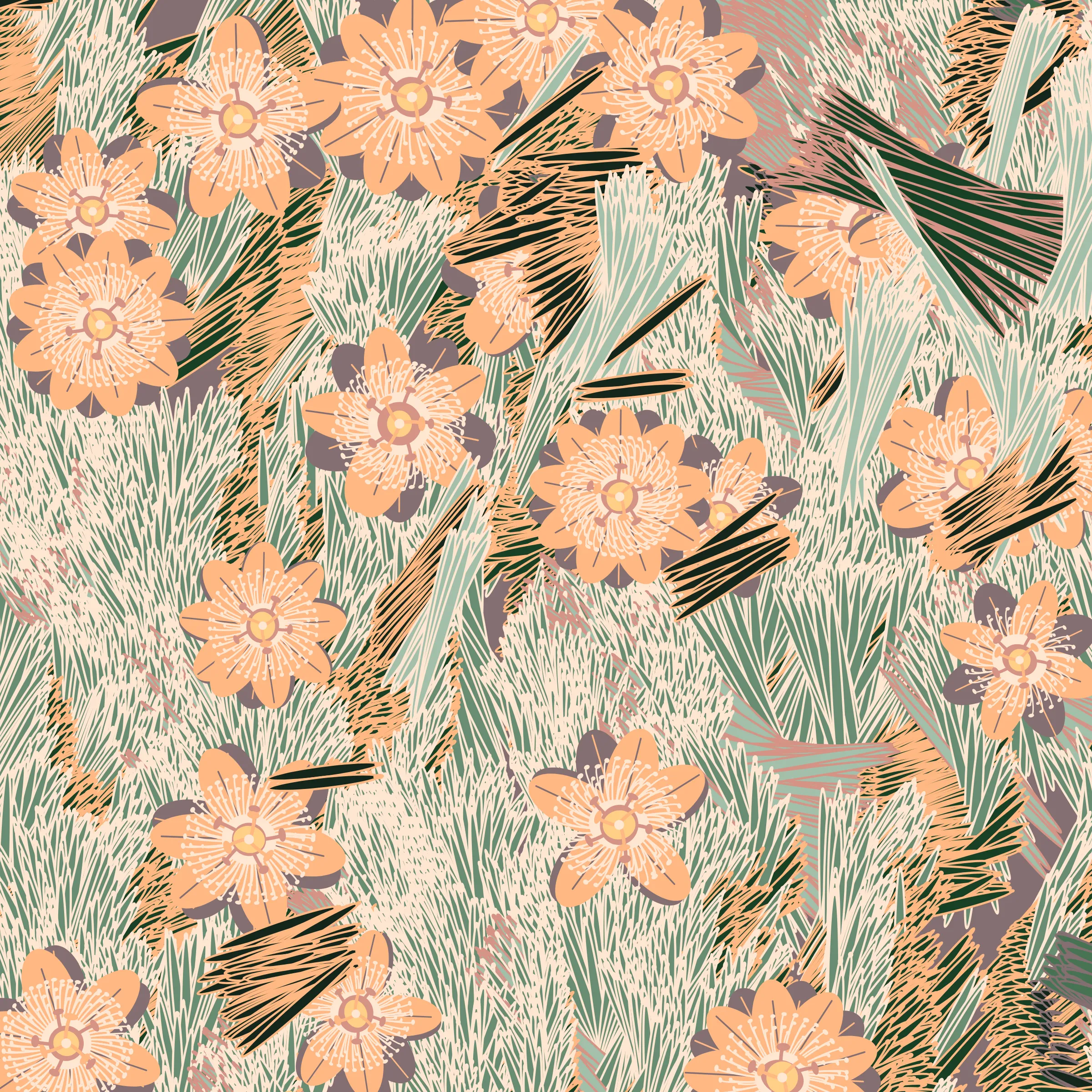 “Fragments of an infinite field” is a compositional system in which an idealized plant species is generated and arranged in a potentially infinite field of foliage. The main environmental parameter of the composition is the determination of a season of the year. The season determines the landscape’s colors and defines specific phenomena for each of them, such as rain in summer, snow in winter, petals falling in autumn, and pollen in spring. The flower has several possible variables, which can be macro aspects, affecting the entire population of the species, or micro, affecting each individual of the species differently. For example, the number of petals can be equal in all individuals or not. The number of filaments and other structures of the flower can undergo minor deviations, generating small mutations. The confusion between the figure (plant) and the background (earth, sky, other natural elements) is fascinating from a compositional point of view. The background colors are, most of the time, colors present in the figures, often breaking the boundary between them and, therefore, generating chromatic masses. In this project I also intend to research the following question: How to create parameters that resemble a living organism's growth? In this sense, the project approaches digital morphogenesis and the development of procedural organisms.