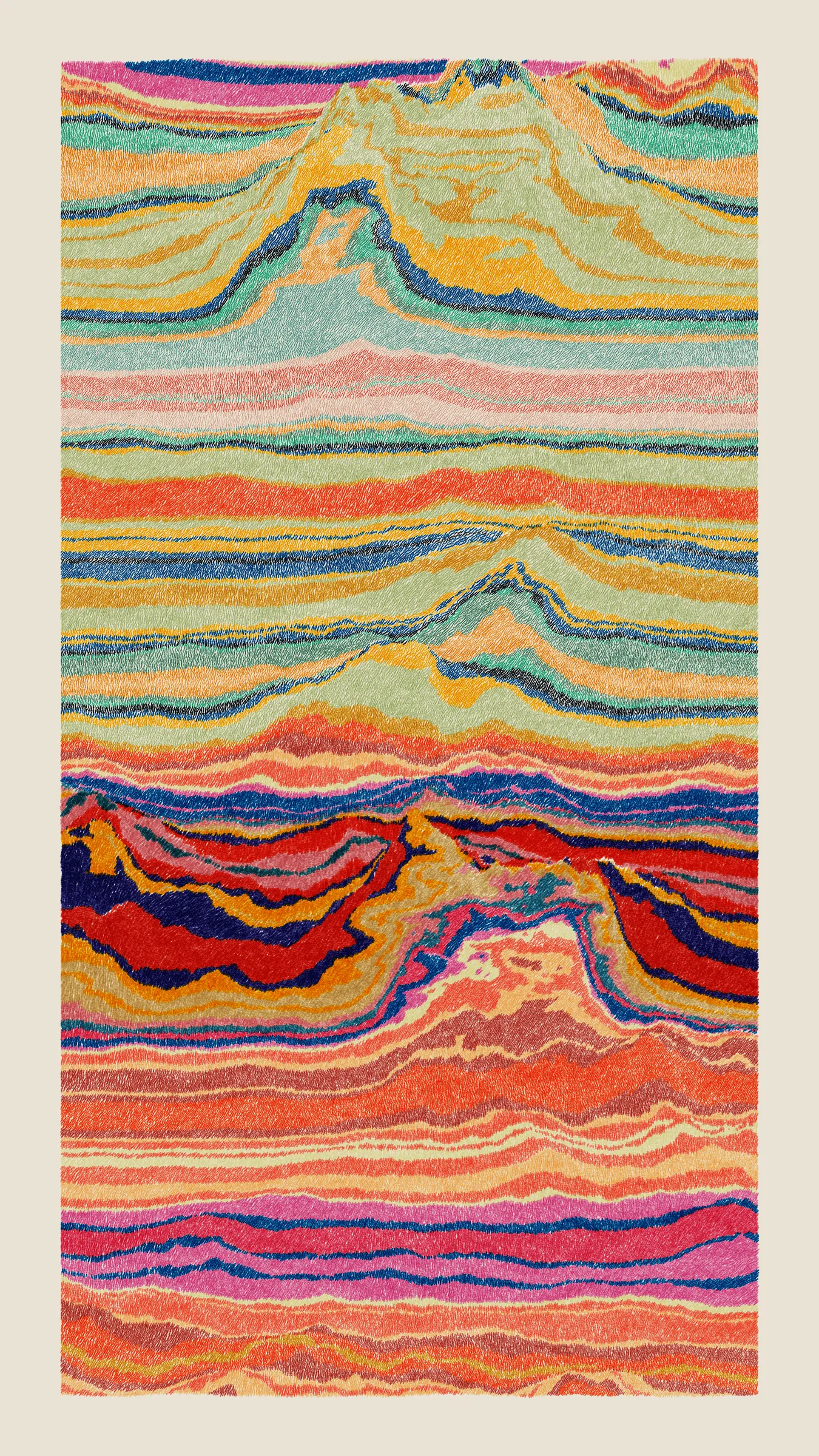 Stratified landforms constructed from many small strokes of colour. The hash of each token describes a coordinate within a multidimensional generative space, locating a unique composition that lies along one of many possible longitudes.