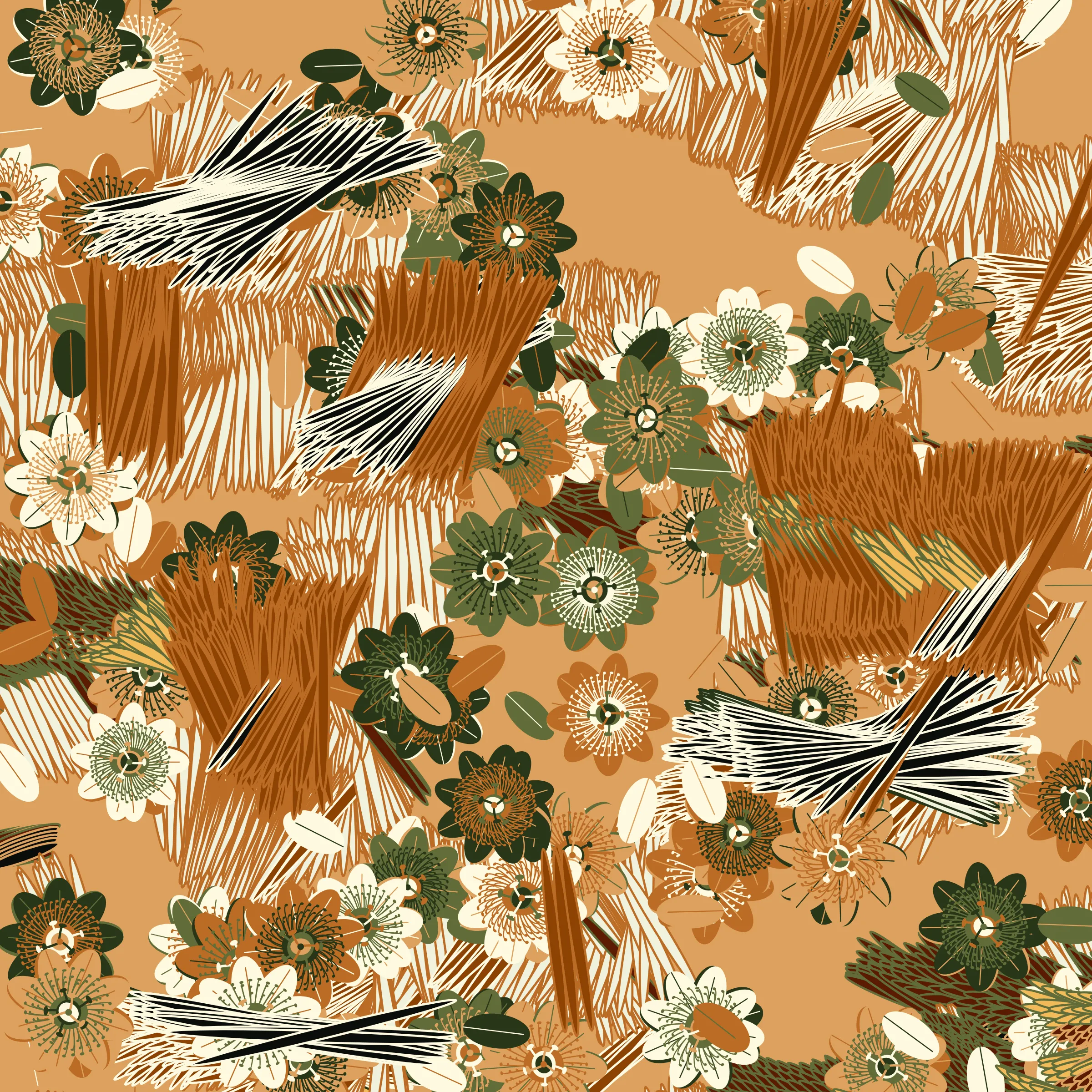 “Fragments of an infinite field” is a compositional system in which an idealized plant species is generated and arranged in a potentially infinite field of foliage. The main environmental parameter of the composition is the determination of a season of the year. The season determines the landscape’s colors and defines specific phenomena for each of them, such as rain in summer, snow in winter, petals falling in autumn, and pollen in spring. The flower has several possible variables, which can be macro aspects, affecting the entire population of the species, or micro, affecting each individual of the species differently. For example, the number of petals can be equal in all individuals or not. The number of filaments and other structures of the flower can undergo minor deviations, generating small mutations. The confusion between the figure (plant) and the background (earth, sky, other natural elements) is fascinating from a compositional point of view. The background colors are, most of the time, colors present in the figures, often breaking the boundary between them and, therefore, generating chromatic masses. In this project I also intend to research the following question: How to create parameters that resemble a living organism's growth? In this sense, the project approaches digital morphogenesis and the development of procedural organisms.