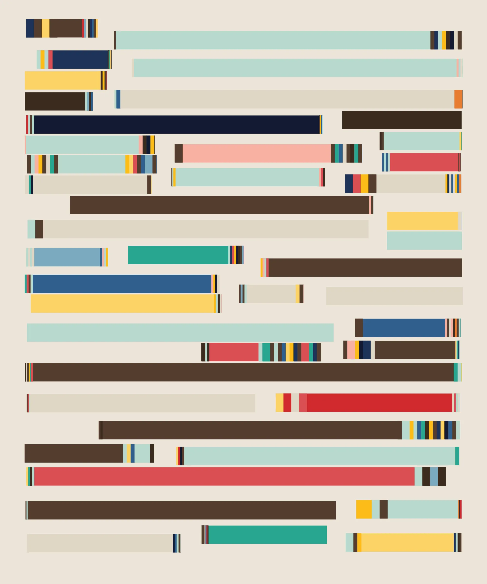 Fidenza is by far my most versatile algorithm to date. Although the program stays focused on structured curves and blocks, the varieties of scale, organization, texture, and color usage it can employ create a wide array of generative possibilities.