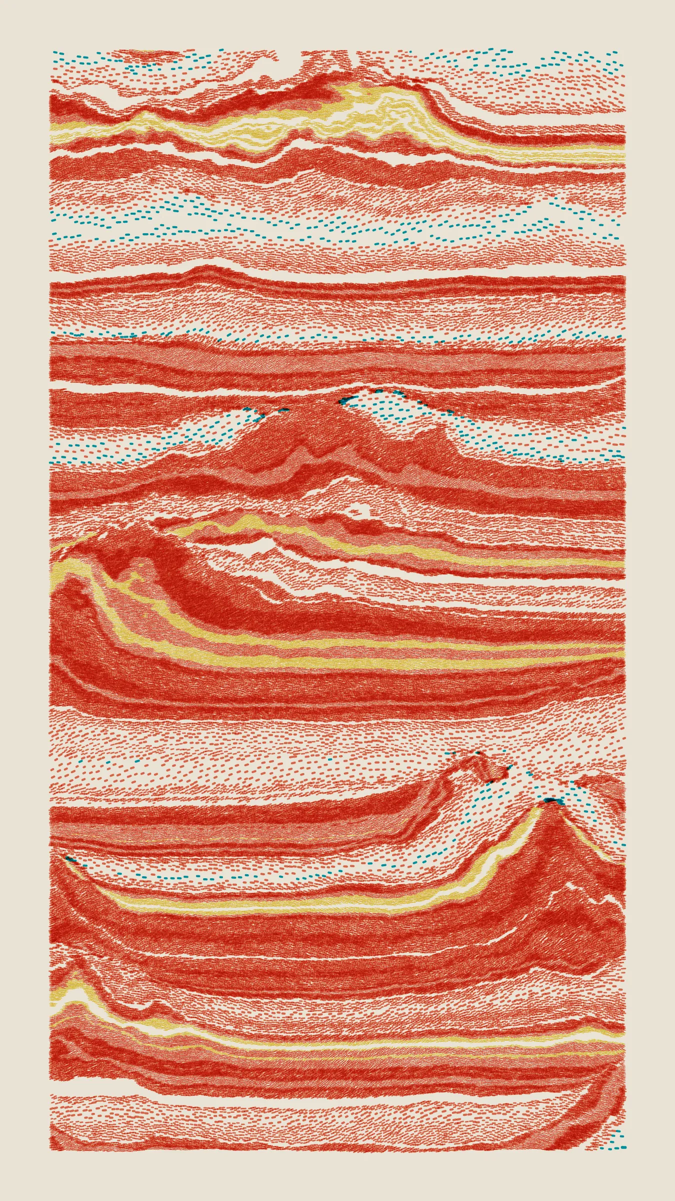 Stratified landforms constructed from many small strokes of colour. The hash of each token describes a coordinate within a multidimensional generative space, locating a unique composition that lies along one of many possible longitudes.