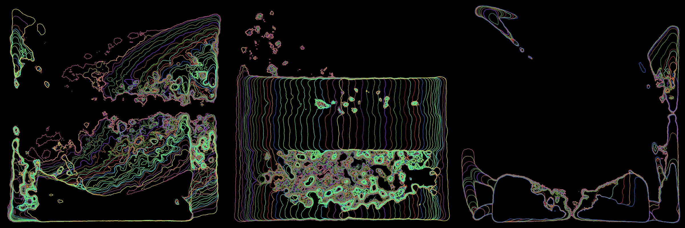 Primordial presents forms as diverse as those found in the natural world. The emergent system powering Primordial is capable of generating this diversity but is hard to control. After the initial generation there is a curation step; forms must meet certain criteria or the algorithm replaces them.

The forms produced by Primordial are presented in a triptych, as comparing multiple outputs is fundamental to understanding a generative algorithm. Primordial attempts to generate triptychs where the individual forms are related, and the results can be surprisingly harmonious or discordant.

Once the triptych is finalized, click on one of the forms to redraw a previous image. Press s to save the entire triptych, or 1-3 to save an individual image.