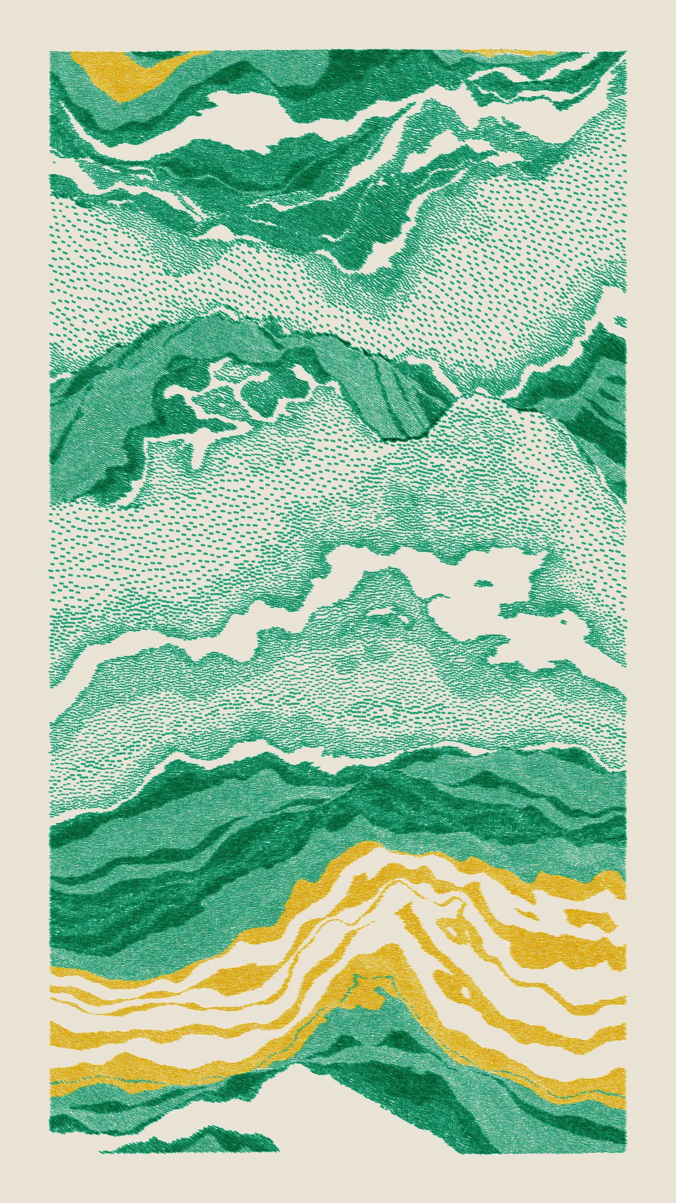 Stratified landforms constructed from many small strokes of colour. The hash of each token describes a coordinate within a multidimensional generative space, locating a unique composition that lies along one of many possible longitudes.