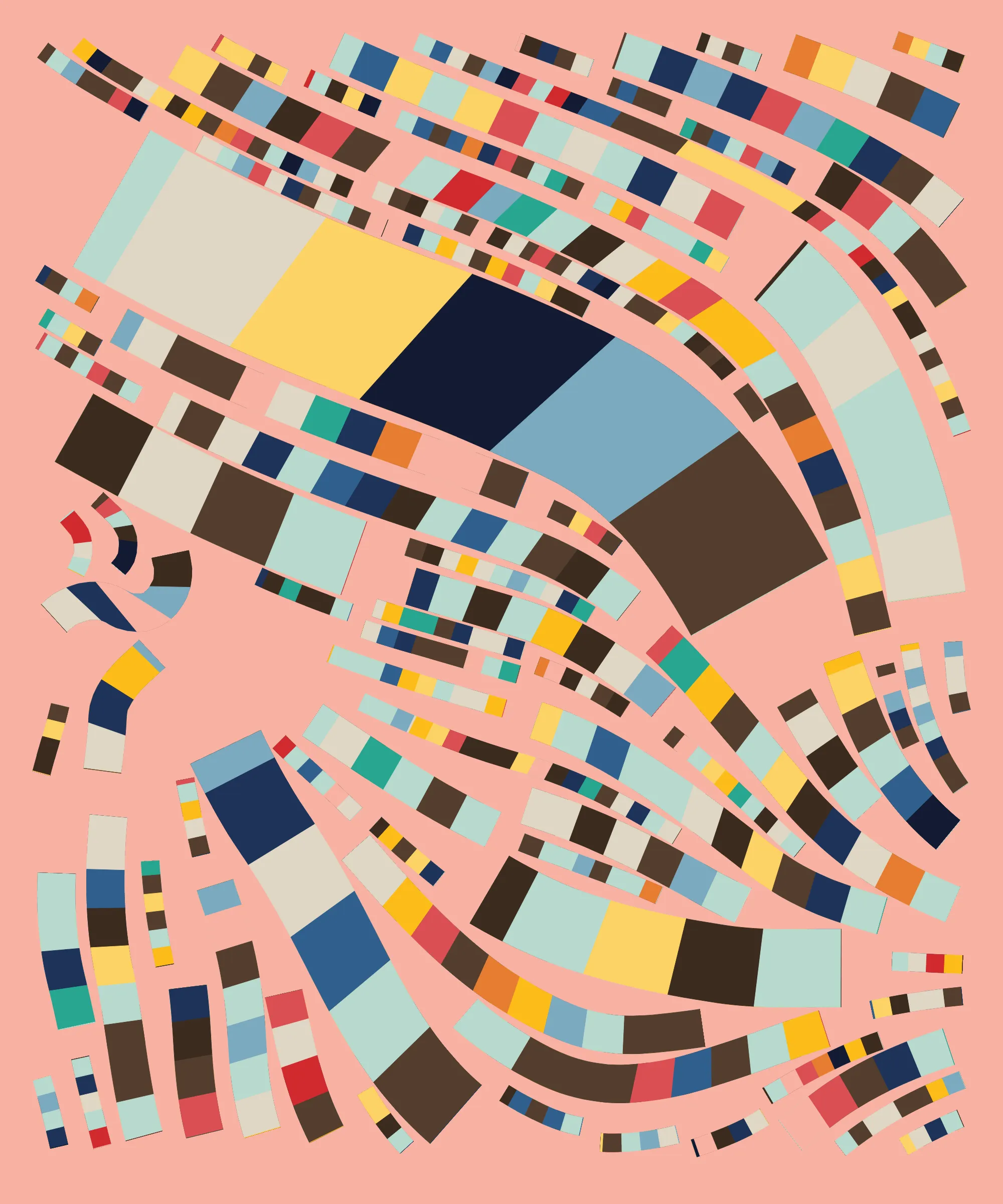 Fidenza is by far my most versatile algorithm to date. Although the program stays focused on structured curves and blocks, the varieties of scale, organization, texture, and color usage it can employ create a wide array of generative possibilities.