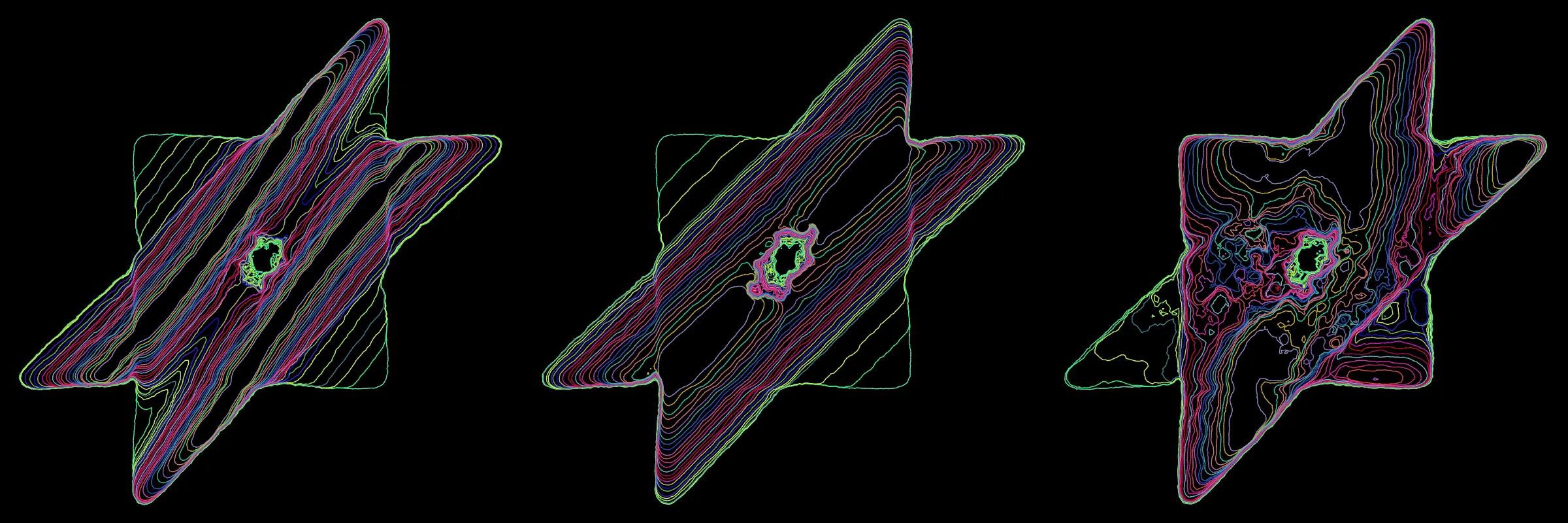 Primordial presents forms as diverse as those found in the natural world. The emergent system powering Primordial is capable of generating this diversity but is hard to control. After the initial generation there is a curation step; forms must meet certain criteria or the algorithm replaces them.

The forms produced by Primordial are presented in a triptych, as comparing multiple outputs is fundamental to understanding a generative algorithm. Primordial attempts to generate triptychs where the individual forms are related, and the results can be surprisingly harmonious or discordant.

Once the triptych is finalized, click on one of the forms to redraw a previous image. Press s to save the entire triptych, or 1-3 to save an individual image.