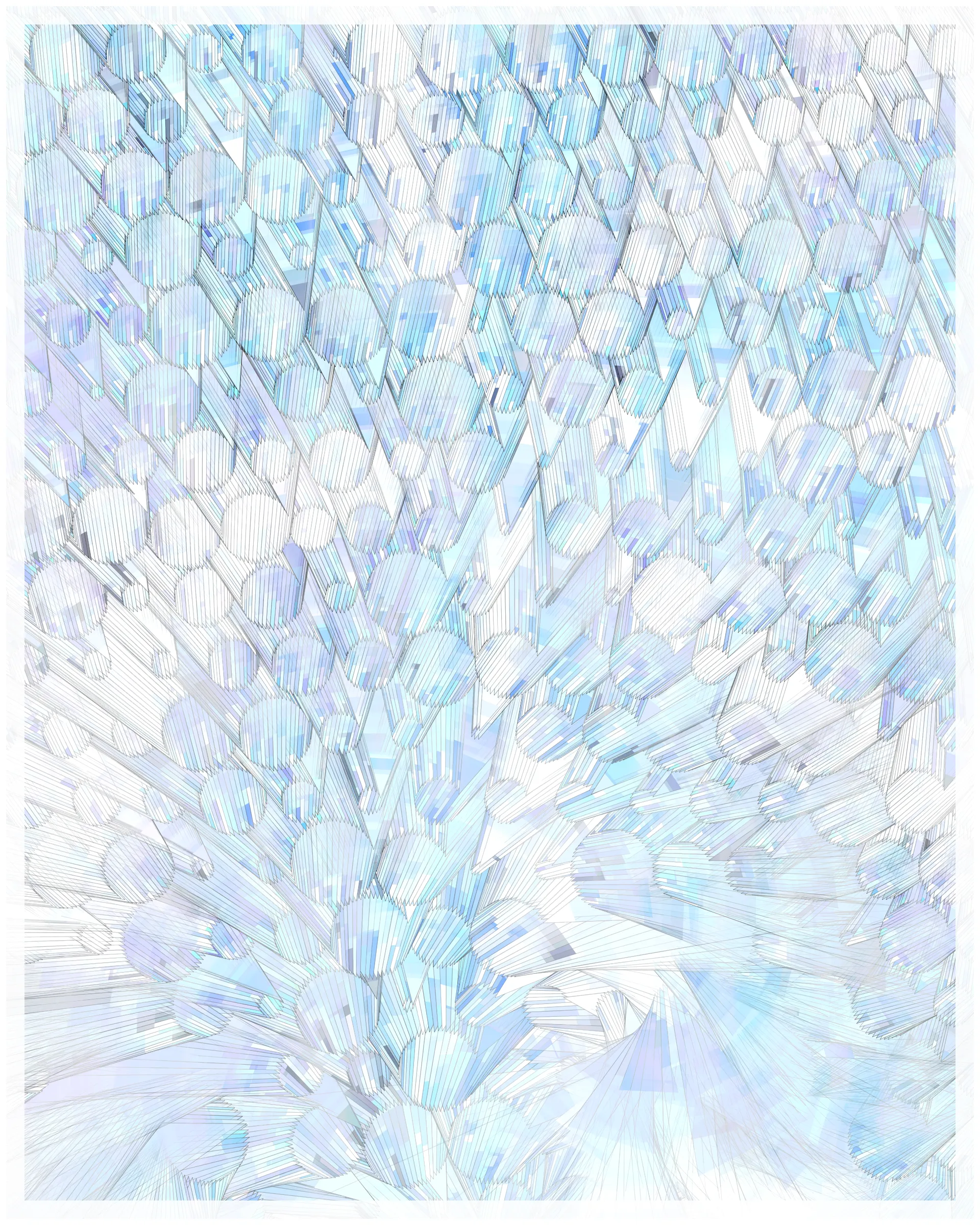 _There are no artifacts. There are only interpretations._

Glass is about the illusion of simplicity that cocoons us in our everyday existence. A glance at Glass may suggest a foam of bubbles or pebbles under clear water. But on inspection, these simple pictures dissolve. Instead of disks one finds stacked panes of translucent glass, intersecting and overlapping. There is dissonance between fine-scale chaos and the harmony of the aggregate. In Glass, two levels of reality -- panes of glass and the foam of bubbles -- are brought close together in scale, so that our oversimplified impression yields a palpable disquiet.

What appears simple is often anything but. Consider a standard wooden desk. To our eyes, it looks solid and continuous, but we know that it is made of atoms, tiny electrons orbiting nuclei. And these subatomic particles are themselves not like miniature solar systems, but creatures of quantum mechanics, stranger than we can imagine. The vast difference in scale between the atomic and the macroscopic hides this complex reality, but fundamentally it is the same phenomenon shown here.

Glass continues my exploration of emergence. While in previous work I explored how simple systems can create complex, emergent forms, here the interest is in the converse: how coherence is often deceptive, masking a complex underlying reality.

Glass draws on the aesthetic of Shin Hanga artists Hiroshi Yoshida and Kawase Hasui, and abstract expressionist Sonja Sekula. In live view, Glass has ambient motion: the shadows evolve, imperceptibly slowly.

The following variations & controls are possible. You may need to click on the canvas before they are active. For a high-resolution output, use the pixel density controls. For example, on a standard laptop, an image saved at pixel density 5 will be approximately 3200 x 4000 pixels, and therefore suitable for printing at ~ 11" x 13" at 300 dpi.

Variations (require redrawing):

f -- fit-to-screen on/off
o -- outline on/off

Controls:

s   -- save as png
spacebar  -- pause/unpause ( useful to reduce CPU load in Live mode )
b -- border on/off ( useful for printing )
1-9  -- set pixel density (default=2 on retina displays)
+/-  -- increase/decrease pixel density
