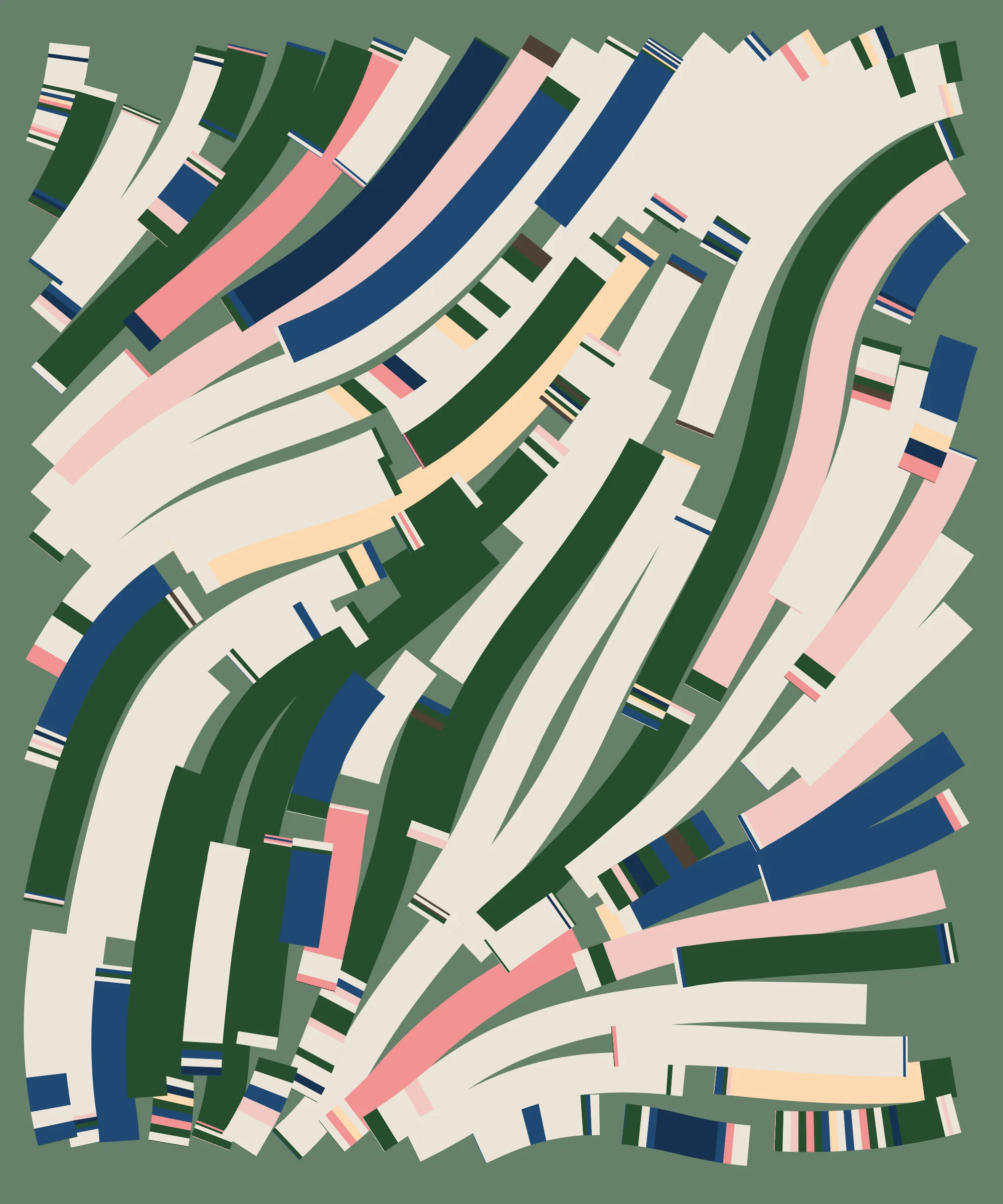 Fidenza is by far my most versatile algorithm to date. Although the program stays focused on structured curves and blocks, the varieties of scale, organization, texture, and color usage it can employ create a wide array of generative possibilities.