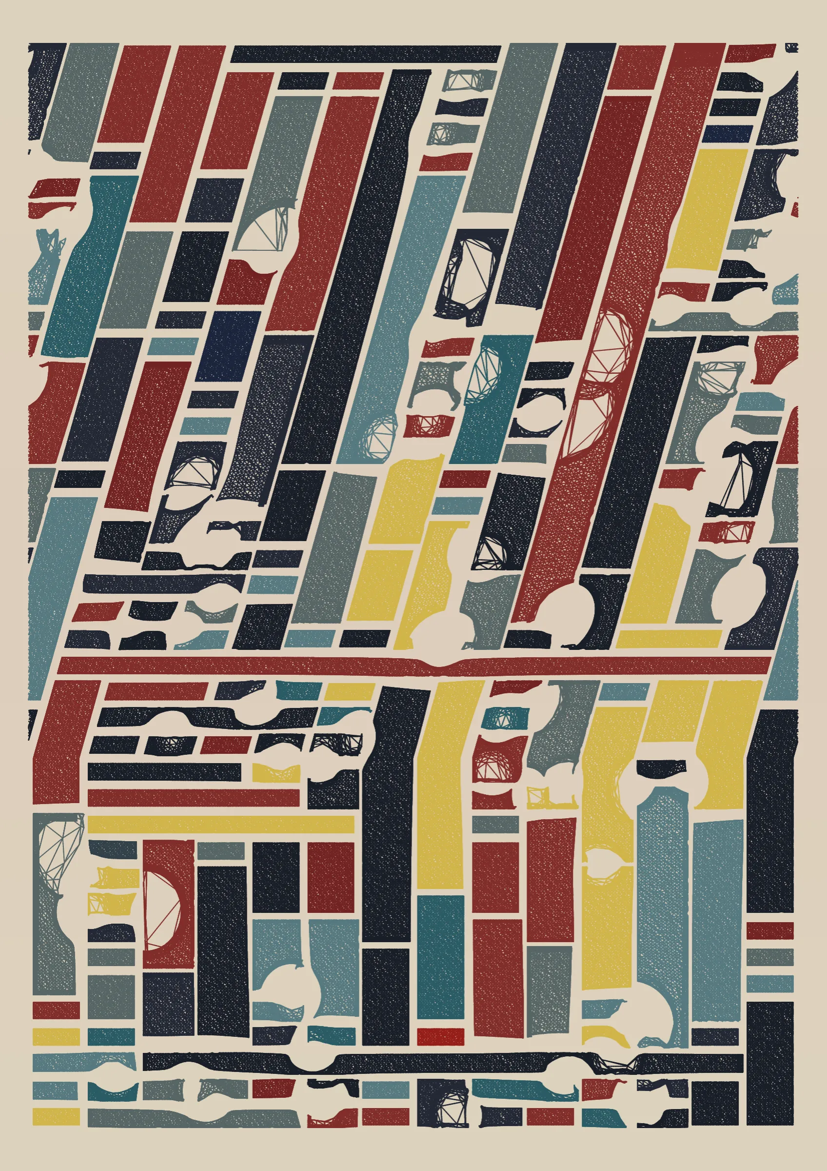 "Edifice" is a series of 976 massive, deteriorating structures built on strange terrain. It is an exploration of buildings being conceptualized, constructed, and eroded away under a wide variety of conditions. Edifice's outputs run the gamut between minimal and maximal, with some showing few large, static blocks of color, and others many small, highly textured and warped shapes. Each image is progressively constructed in front of the viewer's eyes. It is a system full of surprises that I'm excited to share with the world.