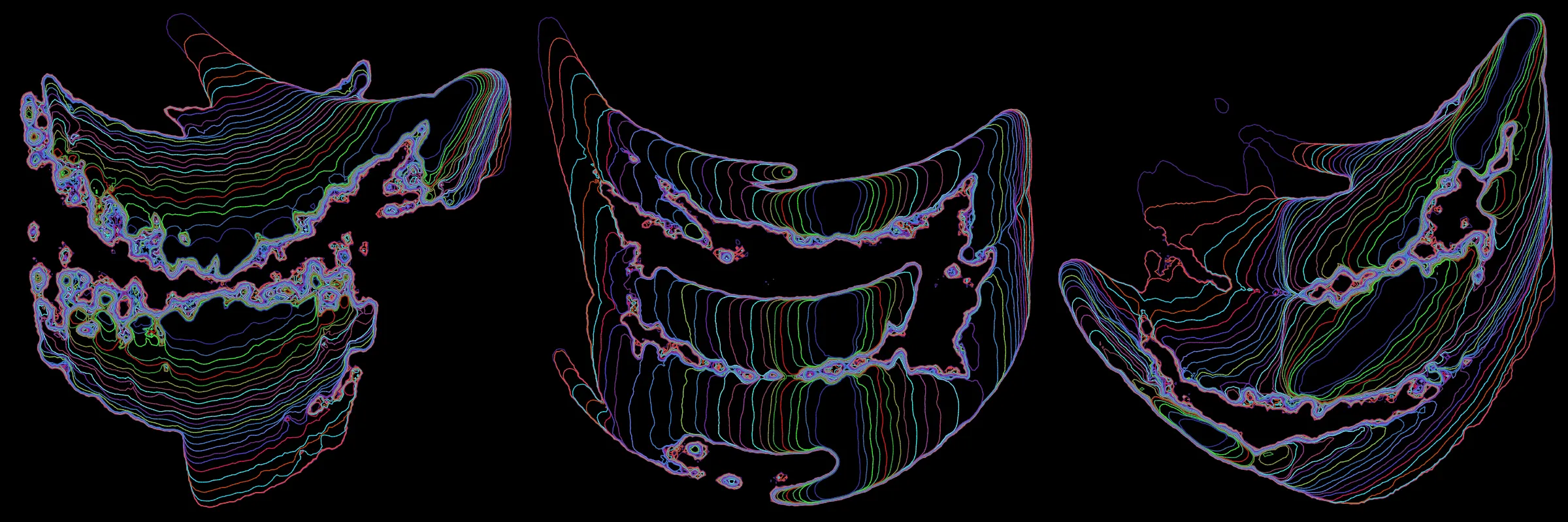 Primordial presents forms as diverse as those found in the natural world. The emergent system powering Primordial is capable of generating this diversity but is hard to control. After the initial generation there is a curation step; forms must meet certain criteria or the algorithm replaces them.

The forms produced by Primordial are presented in a triptych, as comparing multiple outputs is fundamental to understanding a generative algorithm. Primordial attempts to generate triptychs where the individual forms are related, and the results can be surprisingly harmonious or discordant.

Once the triptych is finalized, click on one of the forms to redraw a previous image. Press s to save the entire triptych, or 1-3 to save an individual image.
