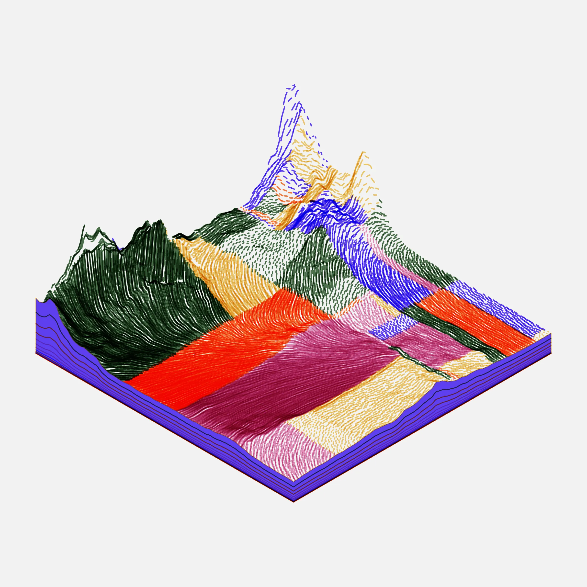 A generative algorithm that draws the impression of a landscape from a multitude of possibilities. The unique seed from each token drives the parametric assortment of lines, colors, and forms into a constructed composition.