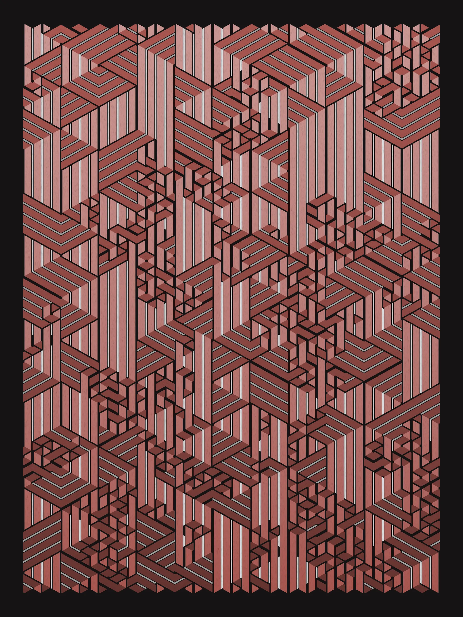 Lines are bent and shaded. There are no wrong turns. 

[Interaction in live view: press 1-7 or left/right arrow keys to see the stages of sketch construction: 1-grid, 2-divide, 3-tile, 4-bend, 5-shade, 6-color, 7-texture].