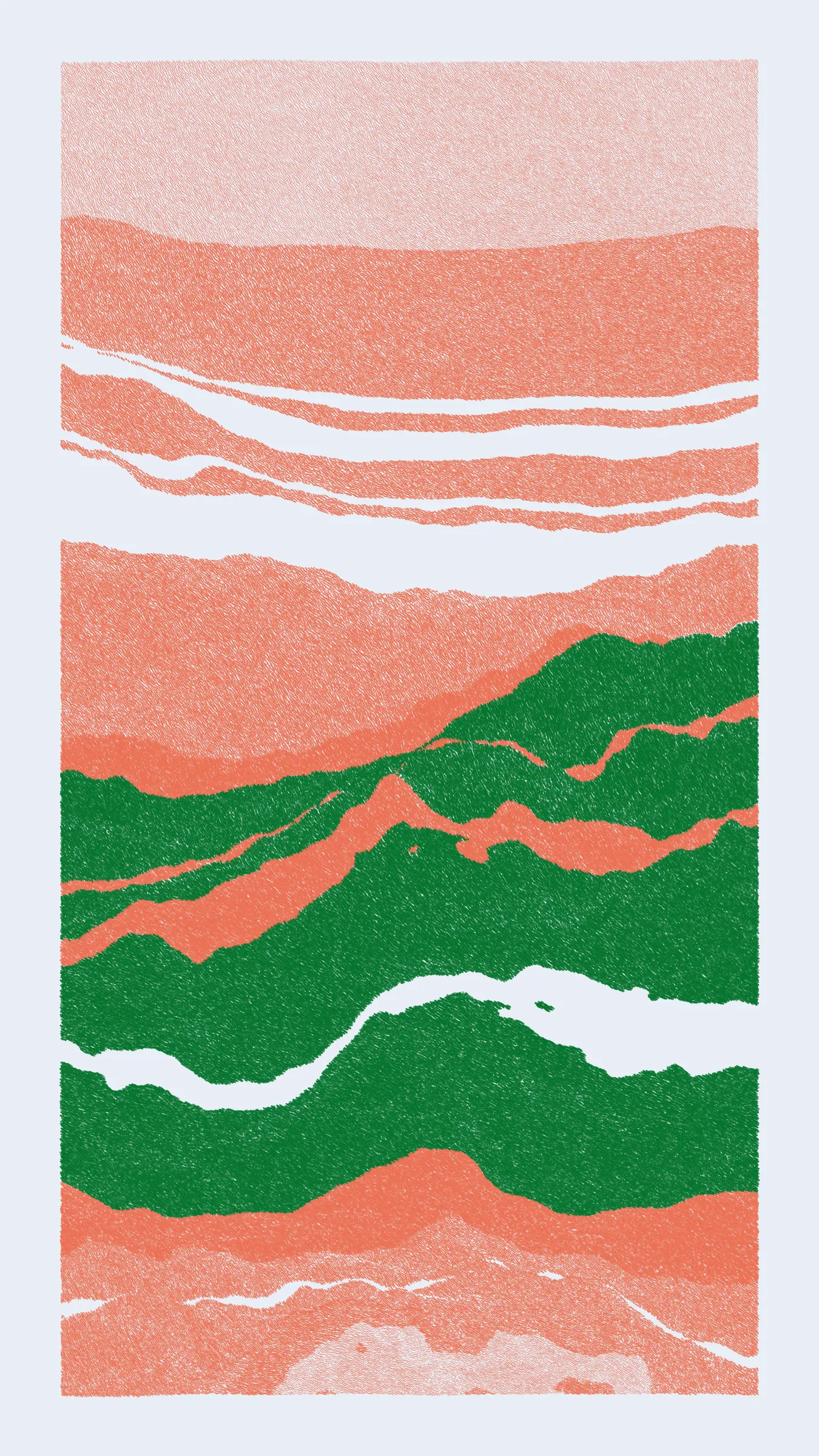 Stratified landforms constructed from many small strokes of colour. The hash of each token describes a coordinate within a multidimensional generative space, locating a unique composition that lies along one of many possible longitudes.