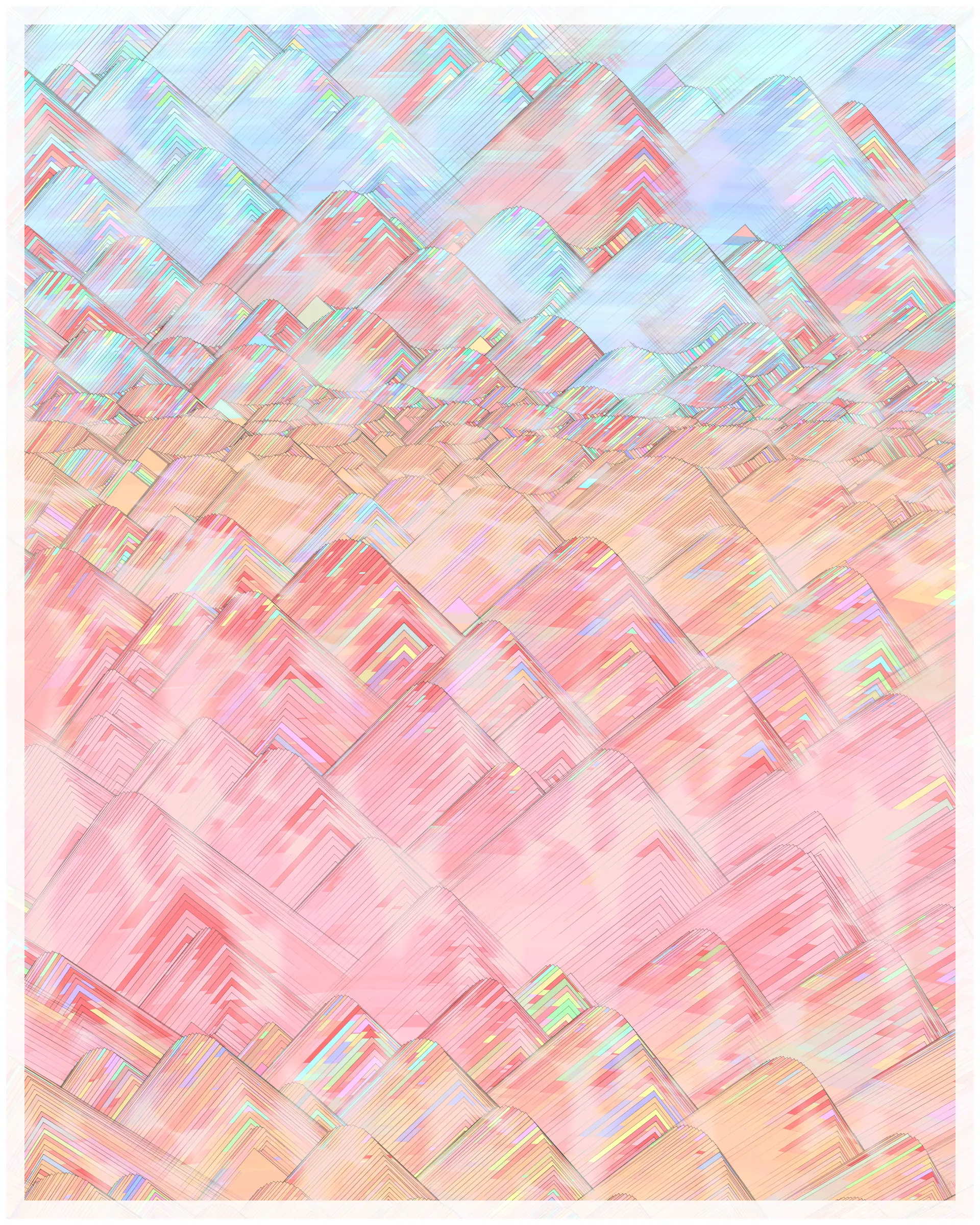 _There are no artifacts. There are only interpretations._

Glass is about the illusion of simplicity that cocoons us in our everyday existence. A glance at Glass may suggest a foam of bubbles or pebbles under clear water. But on inspection, these simple pictures dissolve. Instead of disks one finds stacked panes of translucent glass, intersecting and overlapping. There is dissonance between fine-scale chaos and the harmony of the aggregate. In Glass, two levels of reality -- panes of glass and the foam of bubbles -- are brought close together in scale, so that our oversimplified impression yields a palpable disquiet.

What appears simple is often anything but. Consider a standard wooden desk. To our eyes, it looks solid and continuous, but we know that it is made of atoms, tiny electrons orbiting nuclei. And these subatomic particles are themselves not like miniature solar systems, but creatures of quantum mechanics, stranger than we can imagine. The vast difference in scale between the atomic and the macroscopic hides this complex reality, but fundamentally it is the same phenomenon shown here.

Glass continues my exploration of emergence. While in previous work I explored how simple systems can create complex, emergent forms, here the interest is in the converse: how coherence is often deceptive, masking a complex underlying reality.

Glass draws on the aesthetic of Shin Hanga artists Hiroshi Yoshida and Kawase Hasui, and abstract expressionist Sonja Sekula. In live view, Glass has ambient motion: the shadows evolve, imperceptibly slowly.

The following variations & controls are possible. You may need to click on the canvas before they are active. For a high-resolution output, use the pixel density controls. For example, on a standard laptop, an image saved at pixel density 5 will be approximately 3200 x 4000 pixels, and therefore suitable for printing at ~ 11" x 13" at 300 dpi.

Variations (require redrawing):

f -- fit-to-screen on/off
o -- outline on/off

Controls:

s   -- save as png
spacebar  -- pause/unpause ( useful to reduce CPU load in Live mode )
b -- border on/off ( useful for printing )
1-9  -- set pixel density (default=2 on retina displays)
+/-  -- increase/decrease pixel density