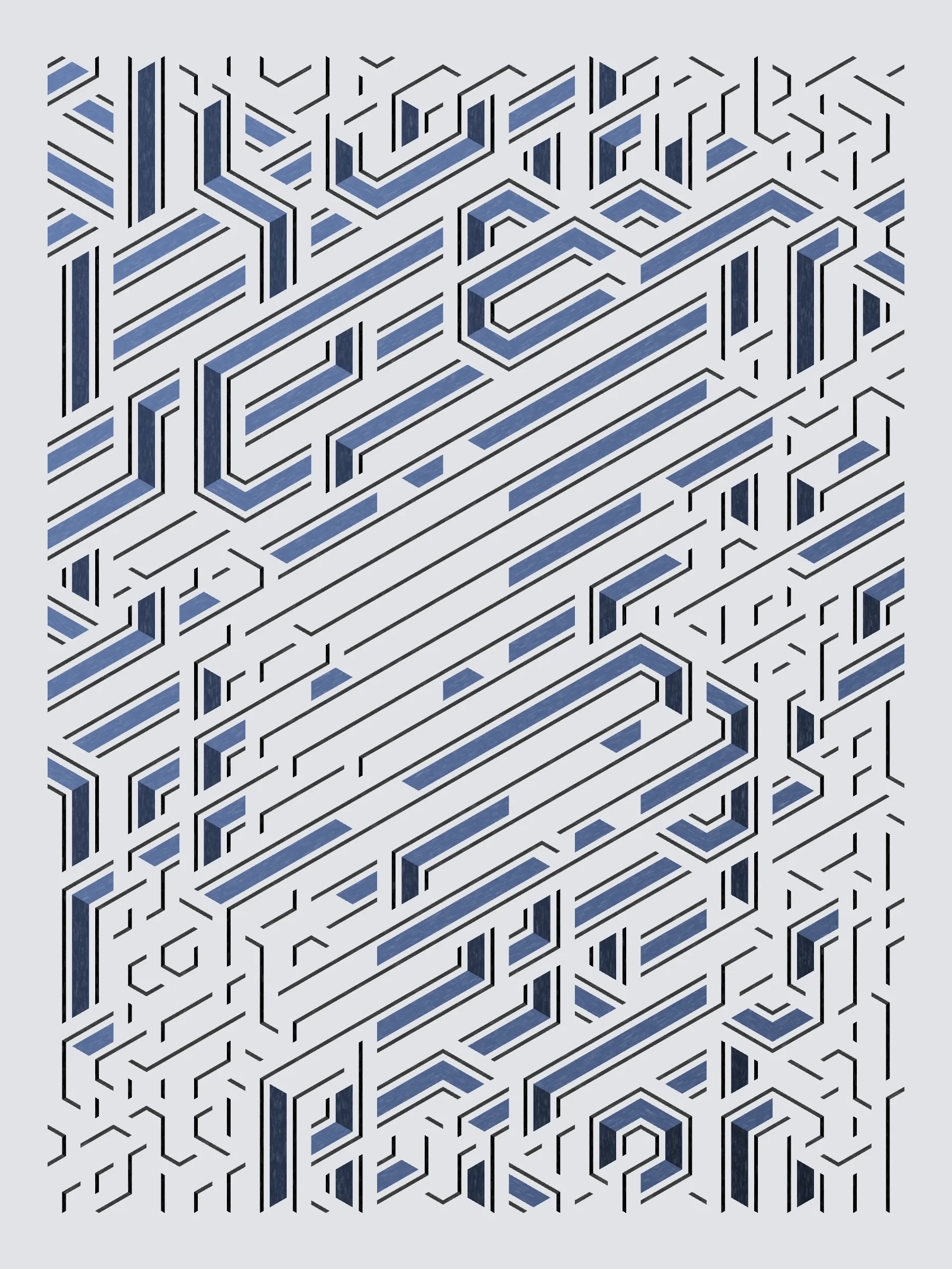 Lines are bent and shaded. There are no wrong turns. 

[Interaction in live view: press 1-7 or left/right arrow keys to see the stages of sketch construction: 1-grid, 2-divide, 3-tile, 4-bend, 5-shade, 6-color, 7-texture].