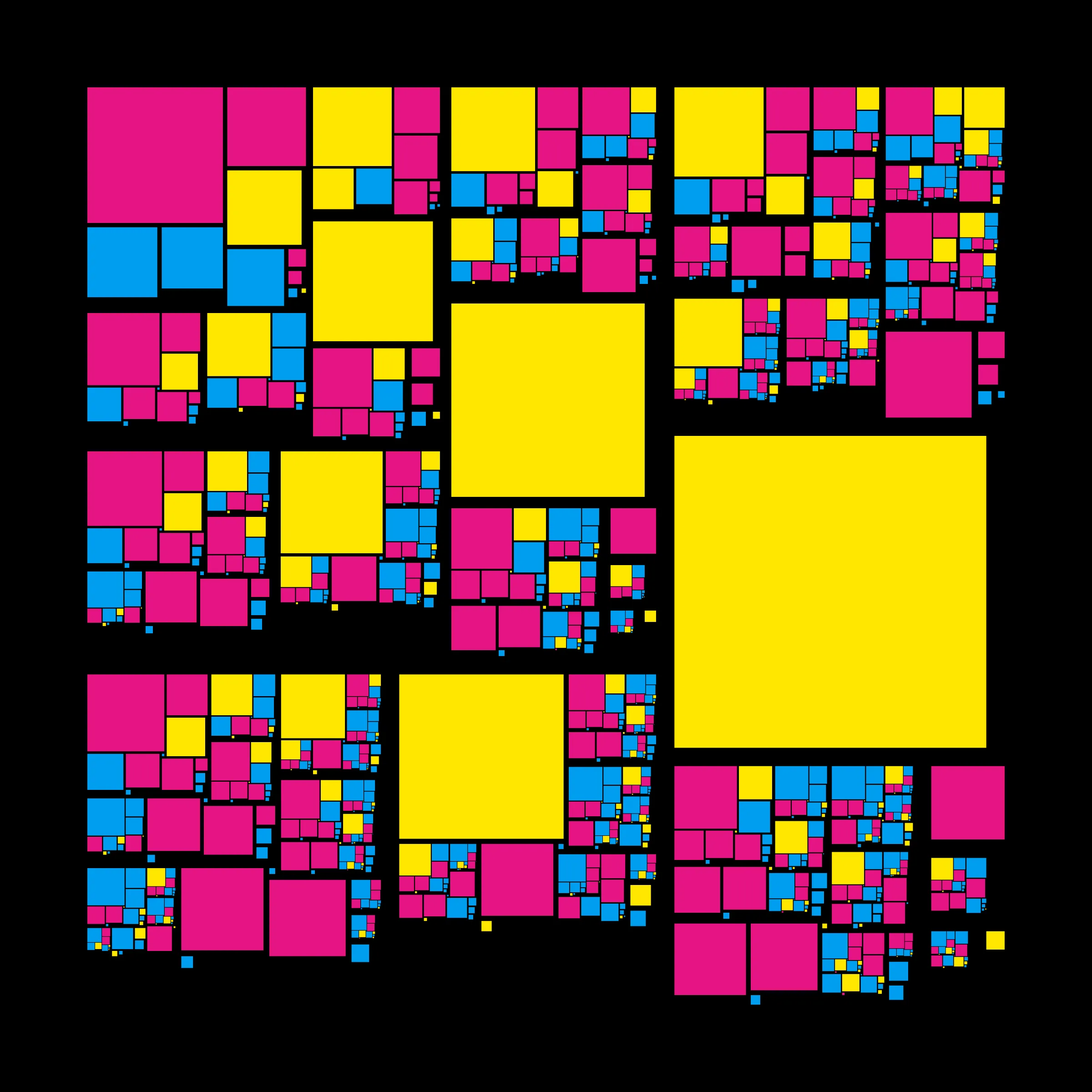 Recursion is a generative art project whose concept is recursion. Each variation starts with a block which is irregularly divided into smaller blocks, which are then divided into smaller blocks, which are then divided into smaller blocks, etc, based on a defined depth (to better visualize this concept, take a look at https://hevey.art/blog/recursion-concept). In this project, even the script is recursive! The script is able to generate a large number of variations and each of these variations is then able to generate its own variations (keeping the same properties) with a single click on the image.