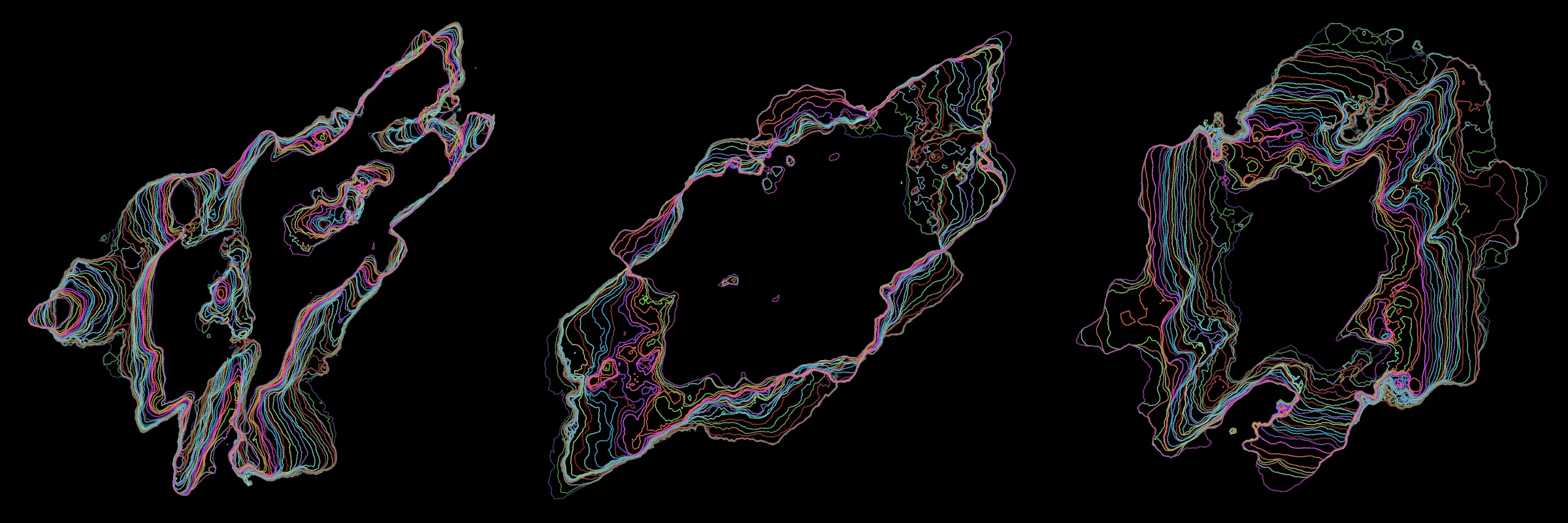 Primordial presents forms as diverse as those found in the natural world. The emergent system powering Primordial is capable of generating this diversity but is hard to control. After the initial generation there is a curation step; forms must meet certain criteria or the algorithm replaces them.

The forms produced by Primordial are presented in a triptych, as comparing multiple outputs is fundamental to understanding a generative algorithm. Primordial attempts to generate triptychs where the individual forms are related, and the results can be surprisingly harmonious or discordant.

Once the triptych is finalized, click on one of the forms to redraw a previous image. Press s to save the entire triptych, or 1-3 to save an individual image.