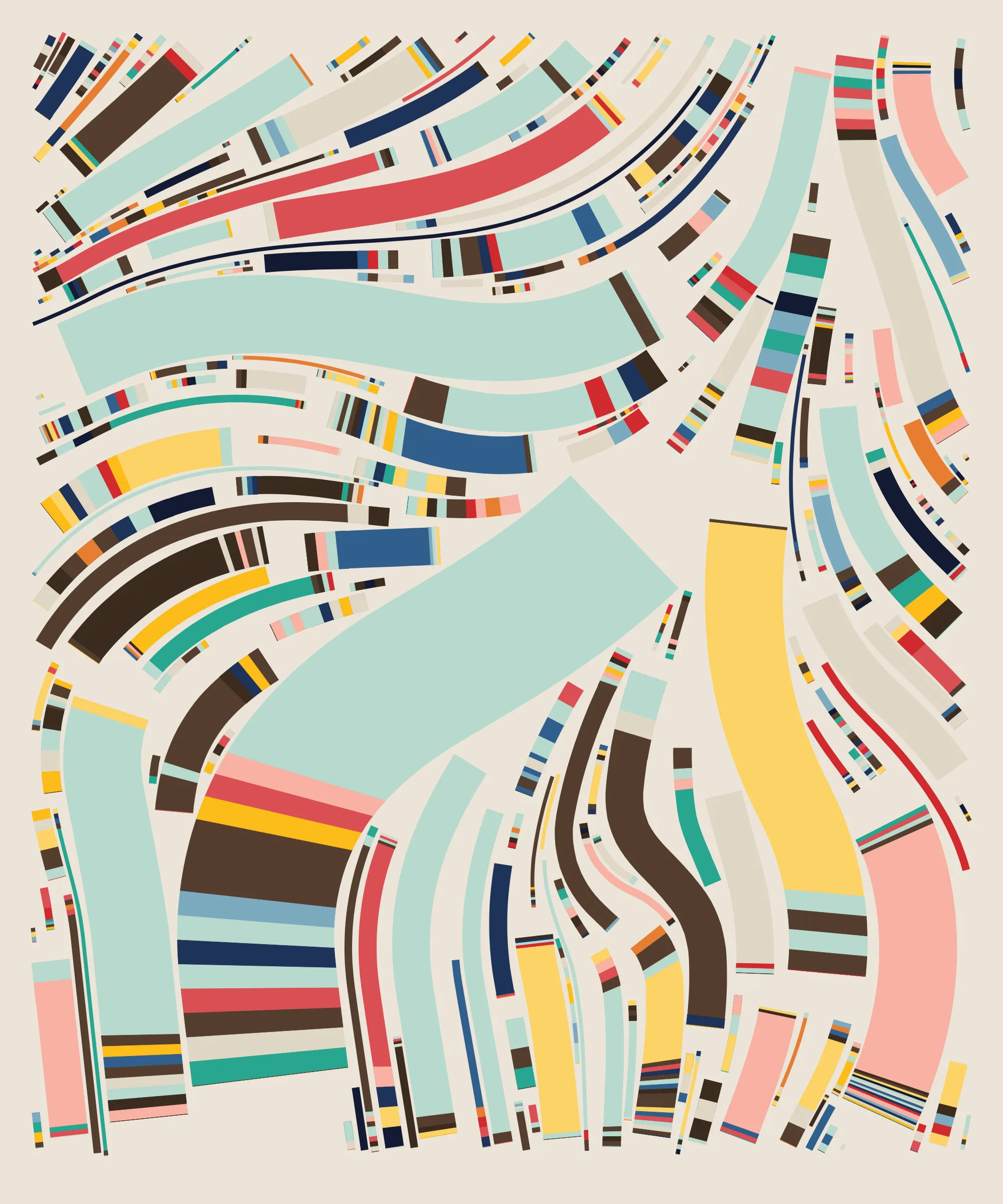Fidenza is by far my most versatile algorithm to date. Although the program stays focused on structured curves and blocks, the varieties of scale, organization, texture, and color usage it can employ create a wide array of generative possibilities.