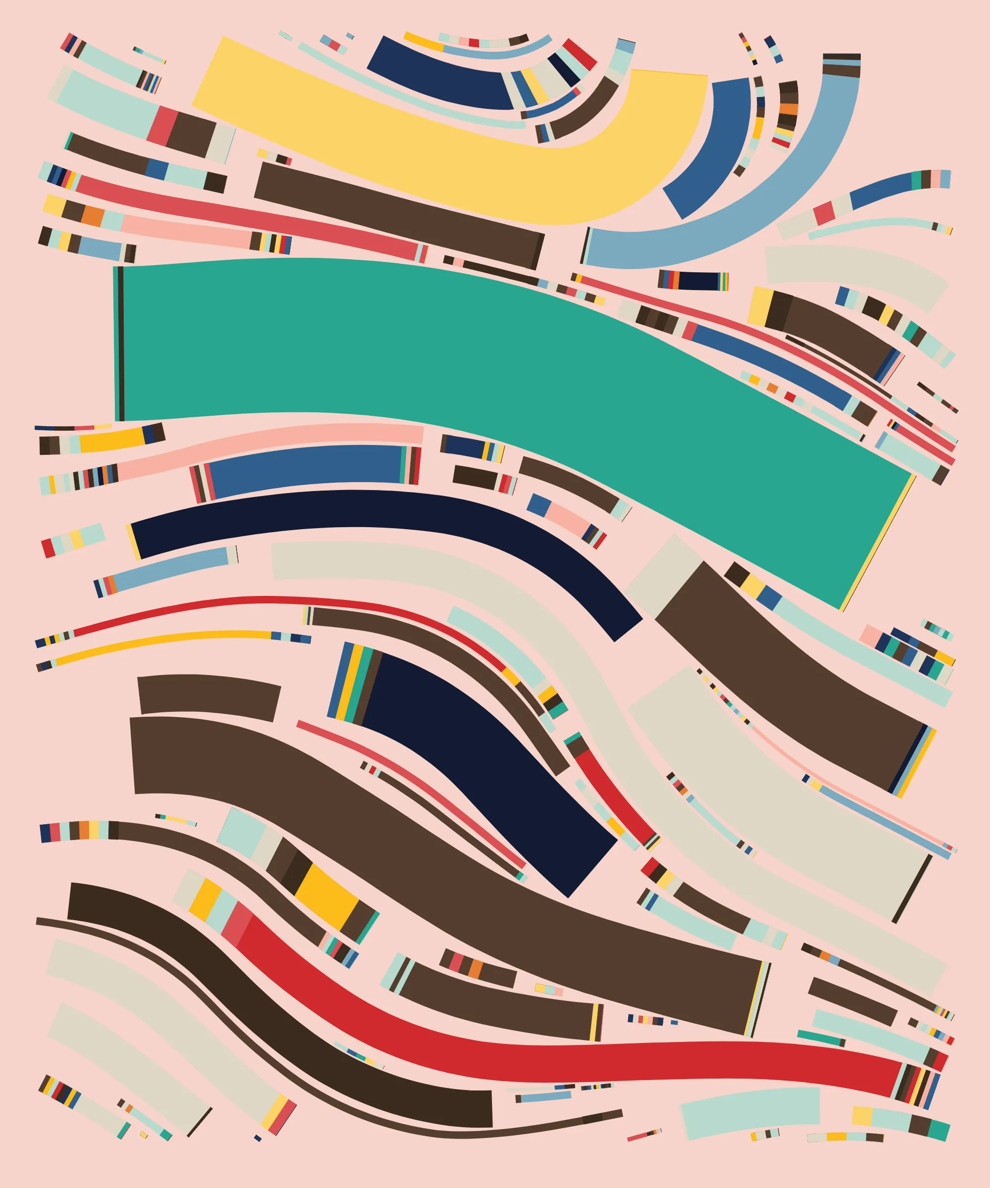 Fidenza is by far my most versatile algorithm to date. Although the program stays focused on structured curves and blocks, the varieties of scale, organization, texture, and color usage it can employ create a wide array of generative possibilities.