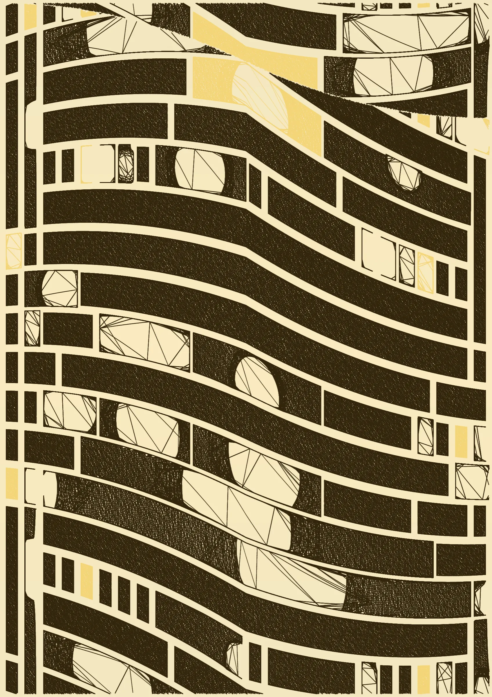"Edifice" is a series of 976 massive, deteriorating structures built on strange terrain. It is an exploration of buildings being conceptualized, constructed, and eroded away under a wide variety of conditions. Edifice's outputs run the gamut between minimal and maximal, with some showing few large, static blocks of color, and others many small, highly textured and warped shapes. Each image is progressively constructed in front of the viewer's eyes. It is a system full of surprises that I'm excited to share with the world.