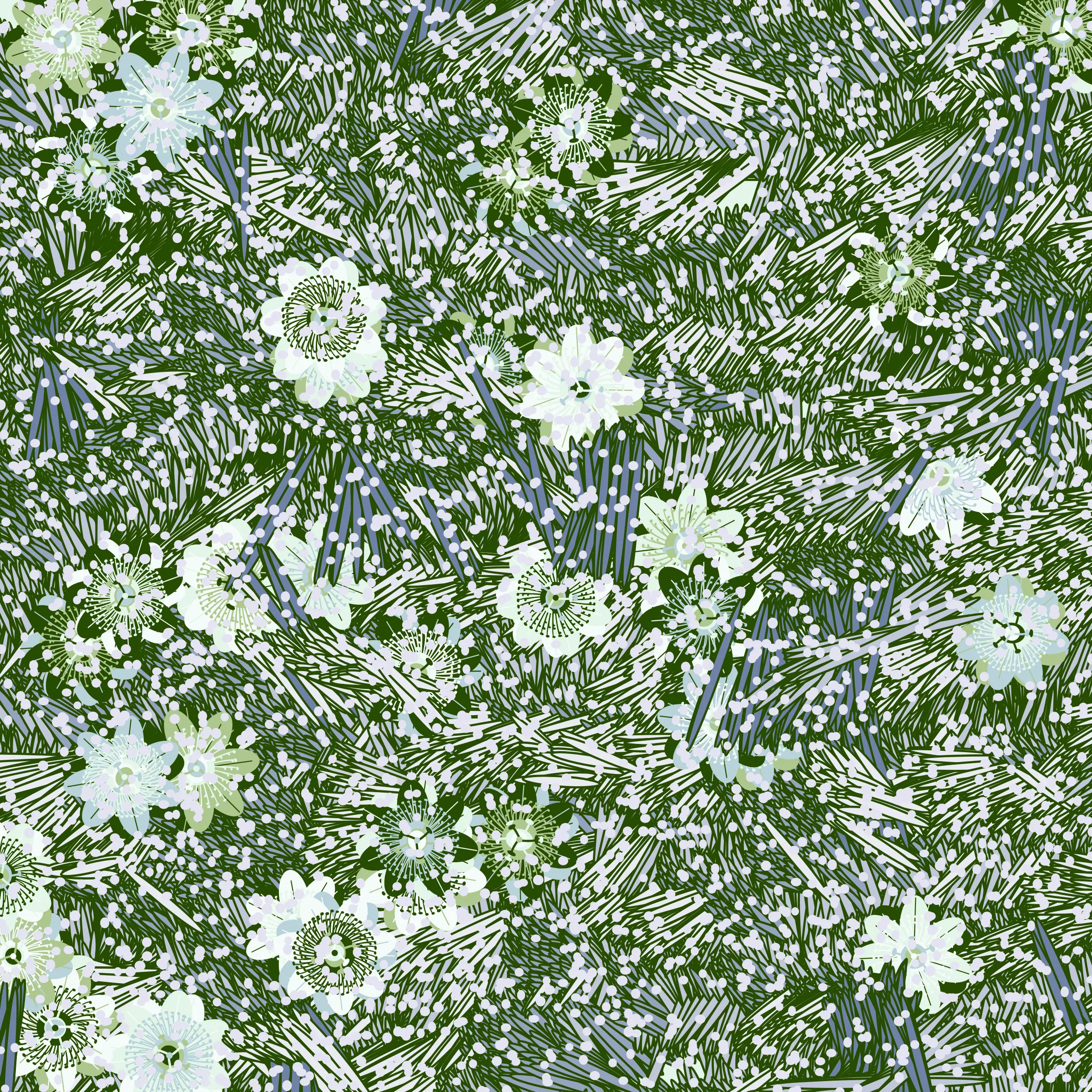 “Fragments of an infinite field” is a compositional system in which an idealized plant species is generated and arranged in a potentially infinite field of foliage. The main environmental parameter of the composition is the determination of a season of the year. The season determines the landscape’s colors and defines specific phenomena for each of them, such as rain in summer, snow in winter, petals falling in autumn, and pollen in spring. The flower has several possible variables, which can be macro aspects, affecting the entire population of the species, or micro, affecting each individual of the species differently. For example, the number of petals can be equal in all individuals or not. The number of filaments and other structures of the flower can undergo minor deviations, generating small mutations. The confusion between the figure (plant) and the background (earth, sky, other natural elements) is fascinating from a compositional point of view. The background colors are, most of the time, colors present in the figures, often breaking the boundary between them and, therefore, generating chromatic masses. In this project I also intend to research the following question: How to create parameters that resemble a living organism's growth? In this sense, the project approaches digital morphogenesis and the development of procedural organisms.