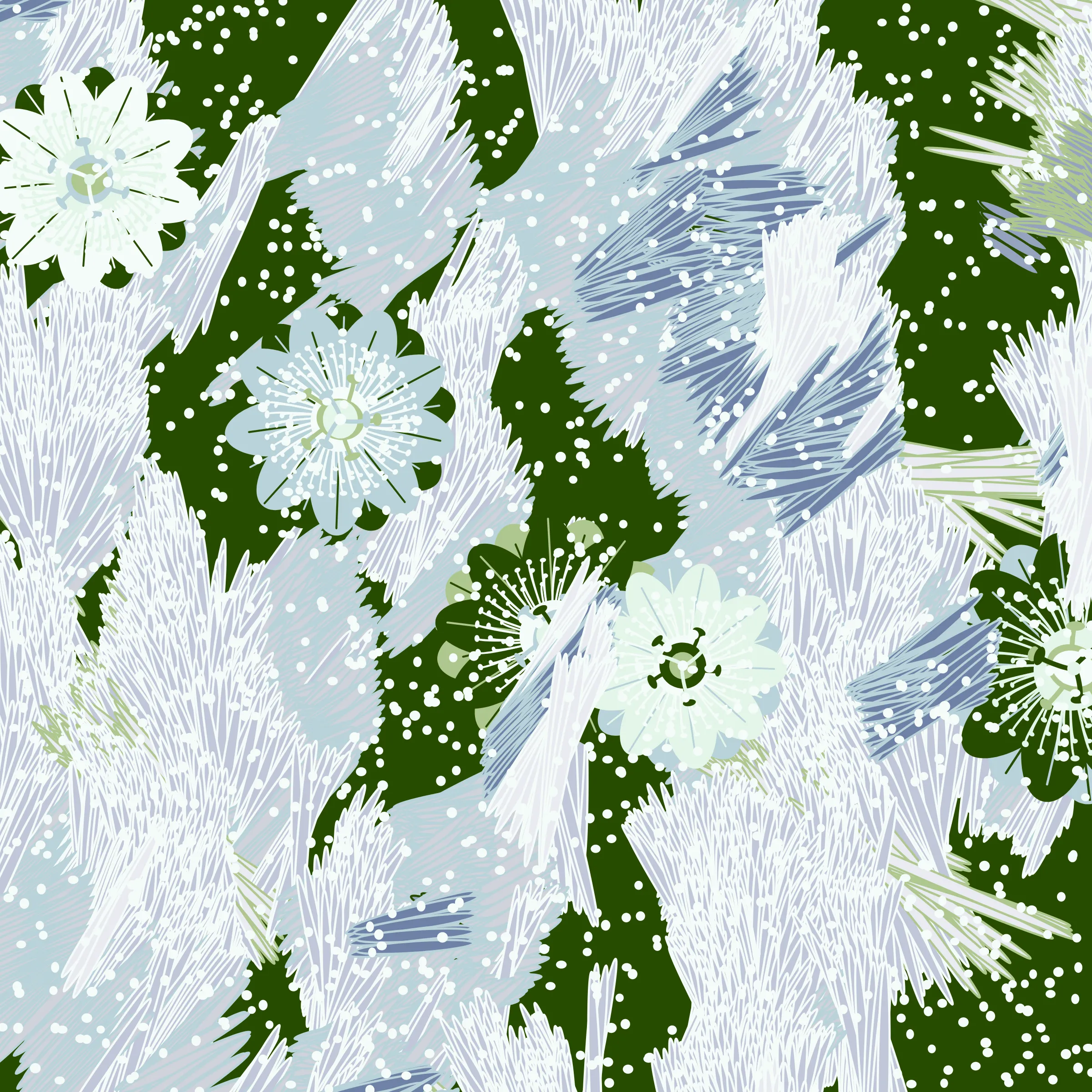 “Fragments of an infinite field” is a compositional system in which an idealized plant species is generated and arranged in a potentially infinite field of foliage. The main environmental parameter of the composition is the determination of a season of the year. The season determines the landscape’s colors and defines specific phenomena for each of them, such as rain in summer, snow in winter, petals falling in autumn, and pollen in spring. The flower has several possible variables, which can be macro aspects, affecting the entire population of the species, or micro, affecting each individual of the species differently. For example, the number of petals can be equal in all individuals or not. The number of filaments and other structures of the flower can undergo minor deviations, generating small mutations. The confusion between the figure (plant) and the background (earth, sky, other natural elements) is fascinating from a compositional point of view. The background colors are, most of the time, colors present in the figures, often breaking the boundary between them and, therefore, generating chromatic masses. In this project I also intend to research the following question: How to create parameters that resemble a living organism's growth? In this sense, the project approaches digital morphogenesis and the development of procedural organisms.