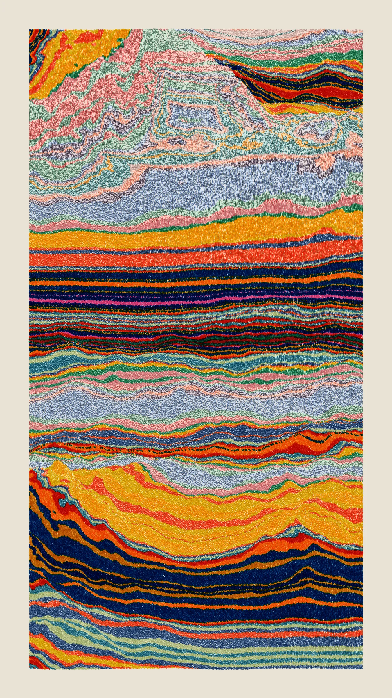 Stratified landforms constructed from many small strokes of colour. The hash of each token describes a coordinate within a multidimensional generative space, locating a unique composition that lies along one of many possible longitudes.