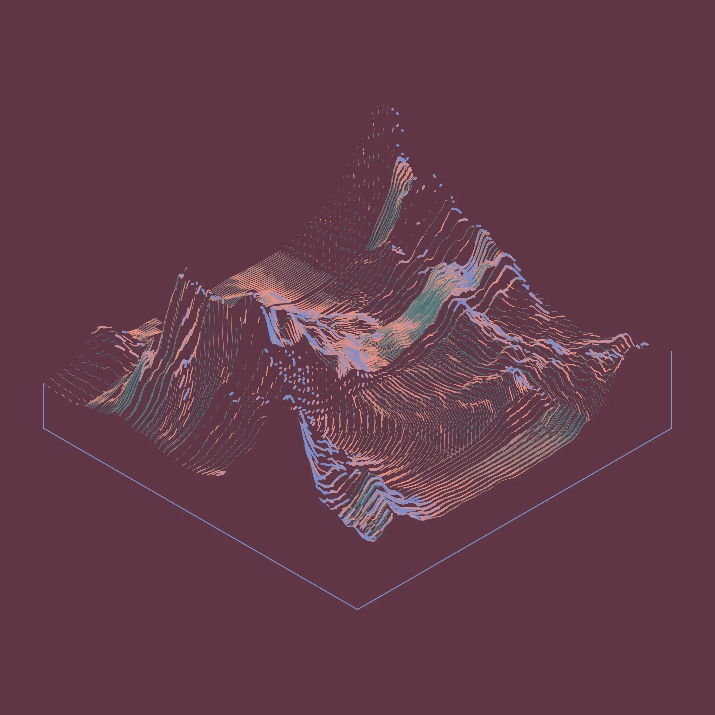 A generative algorithm that draws the impression of a landscape from a multitude of possibilities. The unique seed from each token drives the parametric assortment of lines, colors, and forms into a constructed composition.