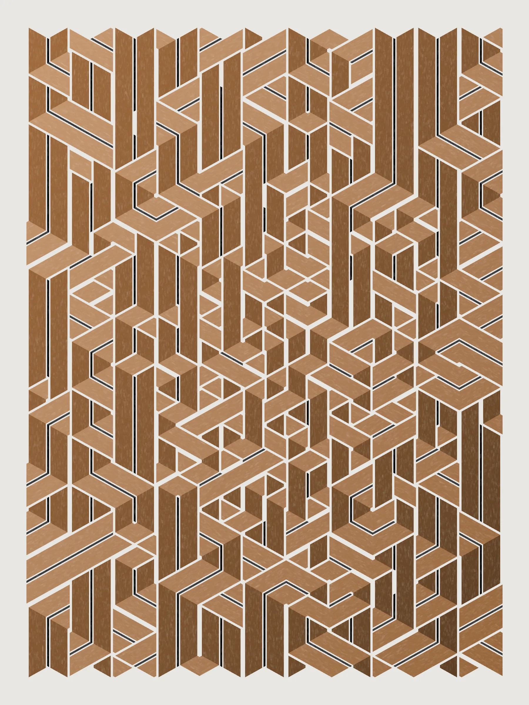 Lines are bent and shaded. There are no wrong turns. 

[Interaction in live view: press 1-7 or left/right arrow keys to see the stages of sketch construction: 1-grid, 2-divide, 3-tile, 4-bend, 5-shade, 6-color, 7-texture].