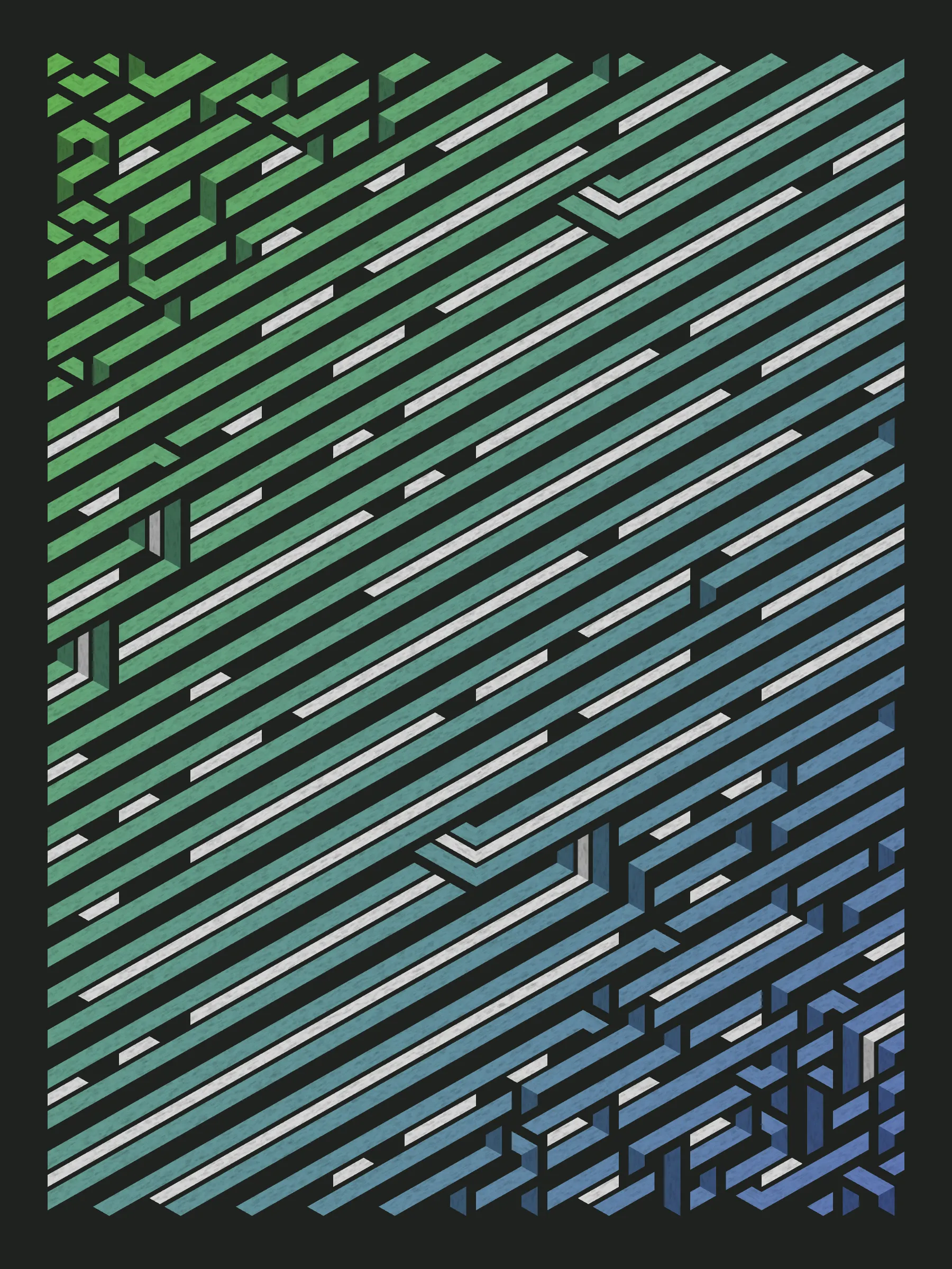 Lines are bent and shaded. There are no wrong turns. 

[Interaction in live view: press 1-7 or left/right arrow keys to see the stages of sketch construction: 1-grid, 2-divide, 3-tile, 4-bend, 5-shade, 6-color, 7-texture].