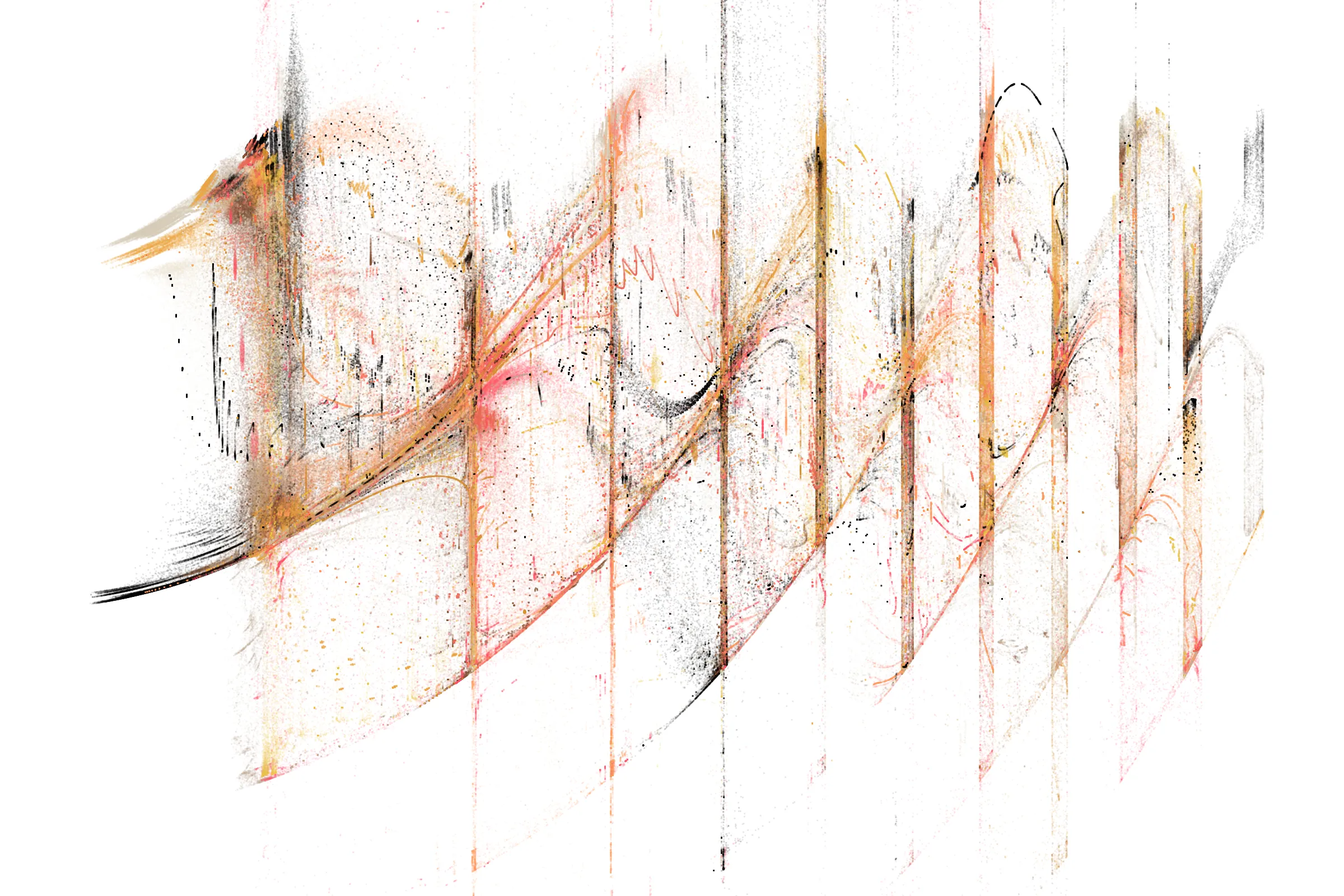 "Attraction" is a system that draws single pixels, one by one, according to a set of rules inspired by the 'Chaos Game'.
Additionally, trigonometric functions may be used to displace pixels, resulting in wave patterns.

All unique properties of each artwork are defined by the token's hash. This hash will set all the parameters: the color palette, the positioning of objects and the rules by which pixels are drawn.

By the nature of this system, several well known patterns from computing and math may appear in the artworks.