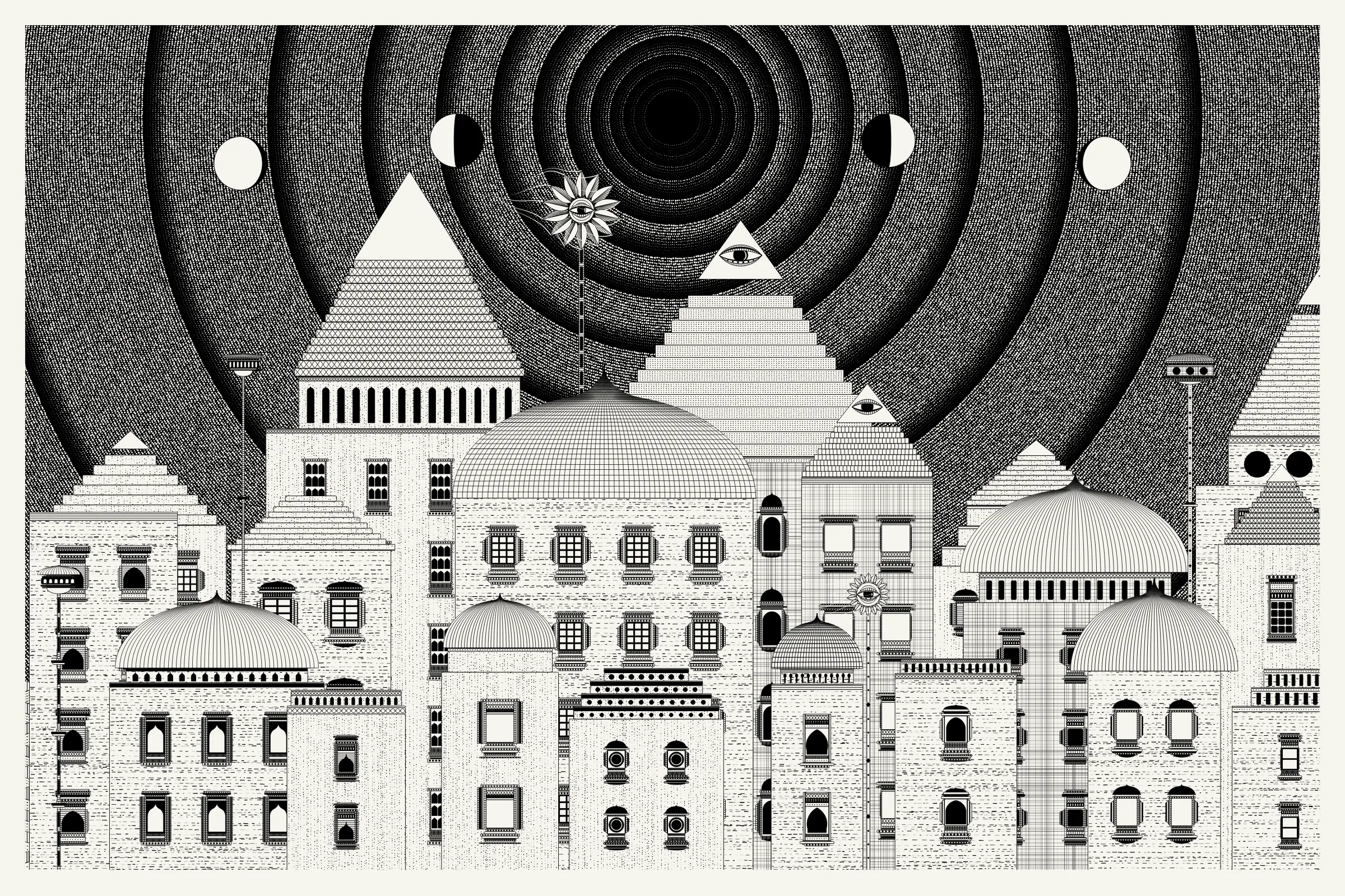 _Alan Ki Aankhen_ is an exploration of other-worldly cityscapes in the visual aesthetic of Fahad’s distinct style with pen and paper. The title, translated as _Alan’s Eyes_, alludes to Alan Turing’s machine intelligence test - a thought experiment foreshadowing a moment in which we can no longer differentiate between the real and the artificial. Though first proposed in 1950, the topic feels especially relevant today, as even our creative practices are being carried by shifting technological tides.

The algorithms and decision-making encoded into this generative art project intentionally imitate Fahad’s approach on traditional mediums - composition rules, textures, and overall themes. The visual elements are inspired by Fahad’s memories from his nomadic life. You’ll find intricate windows from Rajasthan, massive Egyptian pyramids rising from the horizon, a density of civilization only seen in New York, and the moon - a comforting and shared sight no matter where you stand.