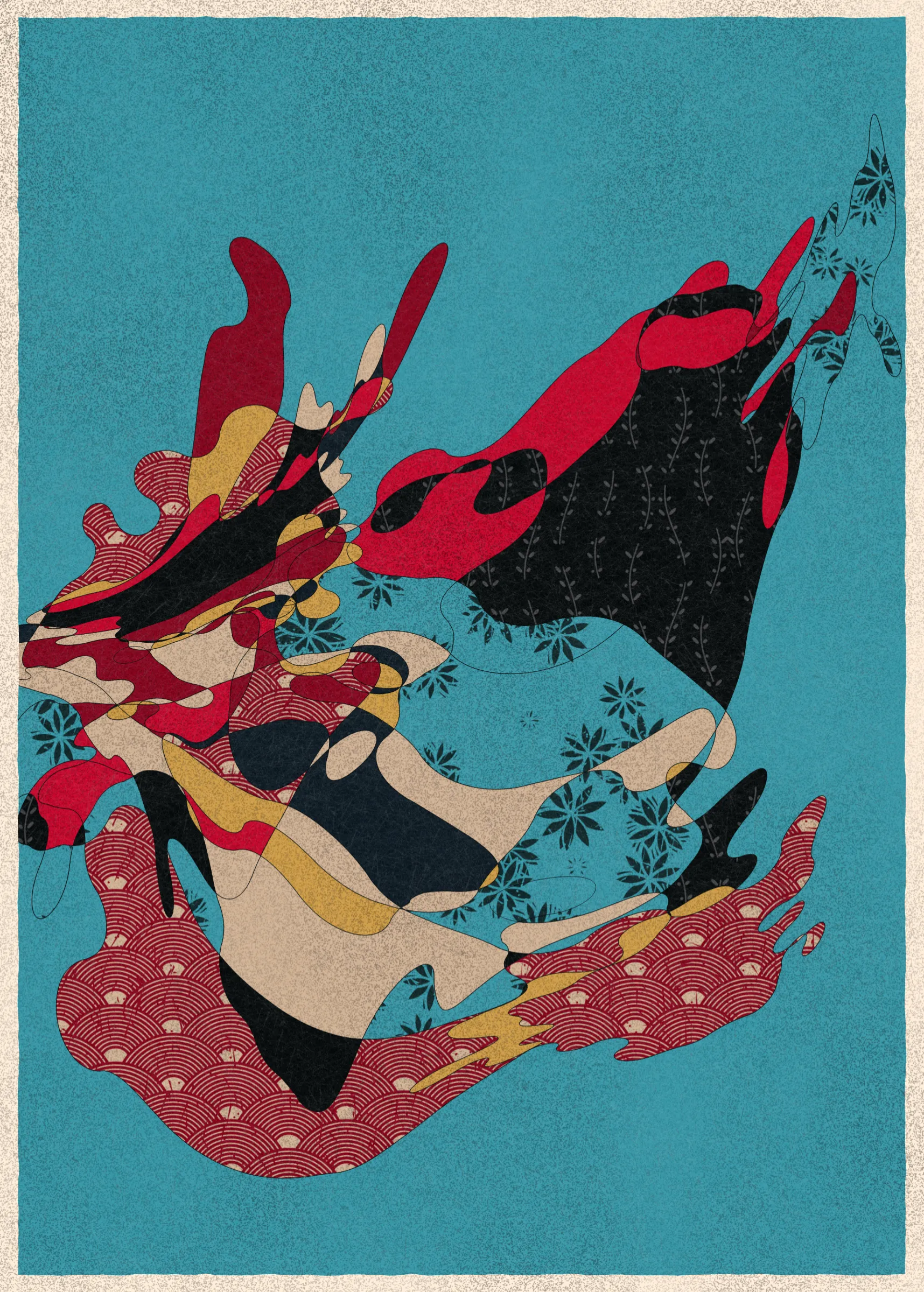 Memories of Qilin is inspired by traditional East Asian art. It channels the sense of movement and fluidity found in classical Chinese brushwork, while drawing from the colors, patterns, and forms of ukiyo-e woodblock prints. 

The series explores elements of folklore, evoking the mythological imagery of dragons, phoenixes, flowers, and mountains.  The title references a fabled chimerical beast found throughout East Asian mythology (while the qilin is its Chinese name, it is also known in Korea as the girin and Japan as the kirin) that represents prosperity and luck.

Viewers are invited to interpret elusive forms that verge on representation. As with the stories passed on through generations, each piece is imagined, organic, and ever-in-flux.