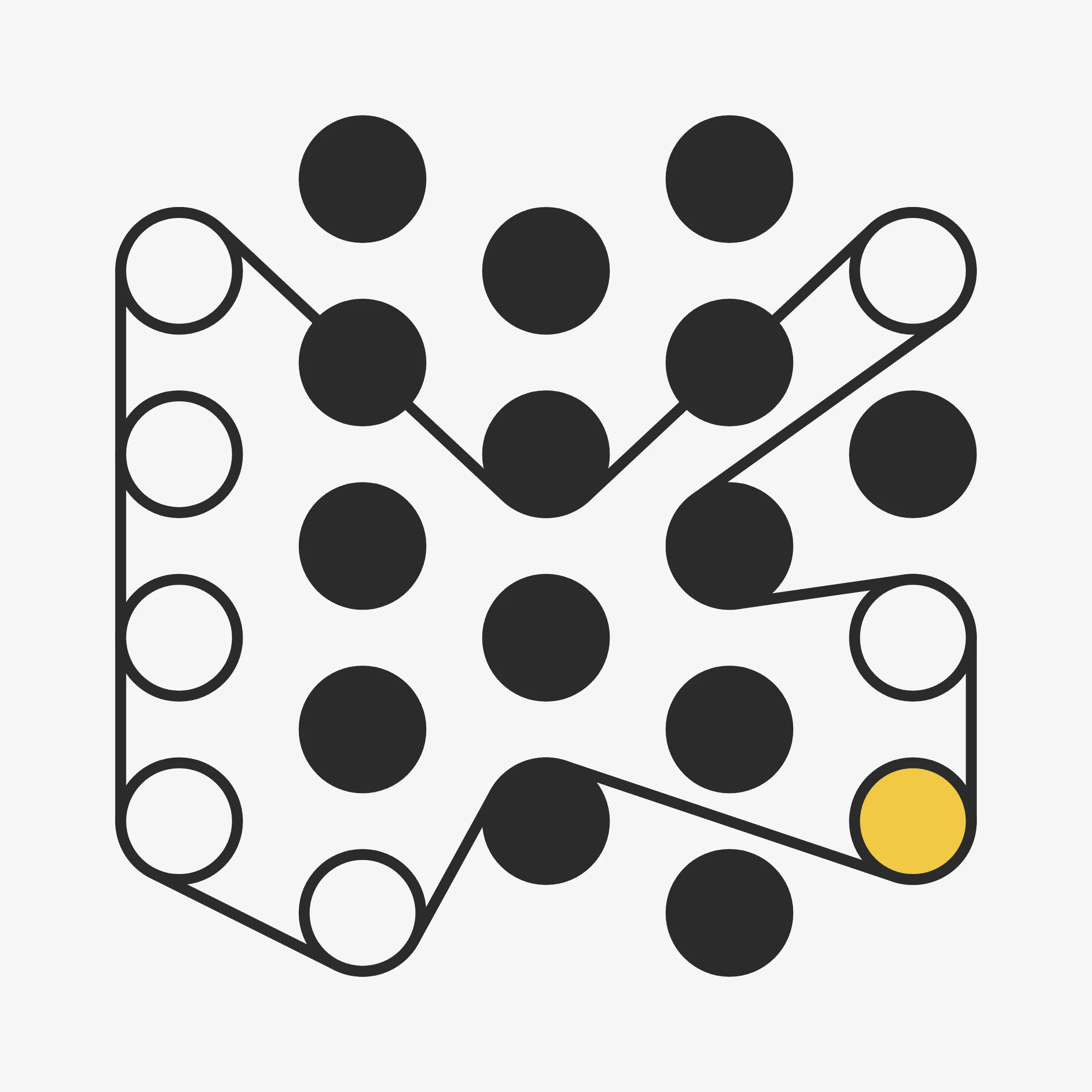 There are an almost infinite number of ways to wrap a string around a set of pegs. On the surface it may seem like a simple concept but prepare to be surprised and delighted at the variety of combinations the algorithm can produce. Each output from 'Ringers' is derived from a unique transaction hash and generated in Javascript in the browser. Feature variations include peg count, sizing, layout, wrap orientation, and a few colorful flourishes for good measure.