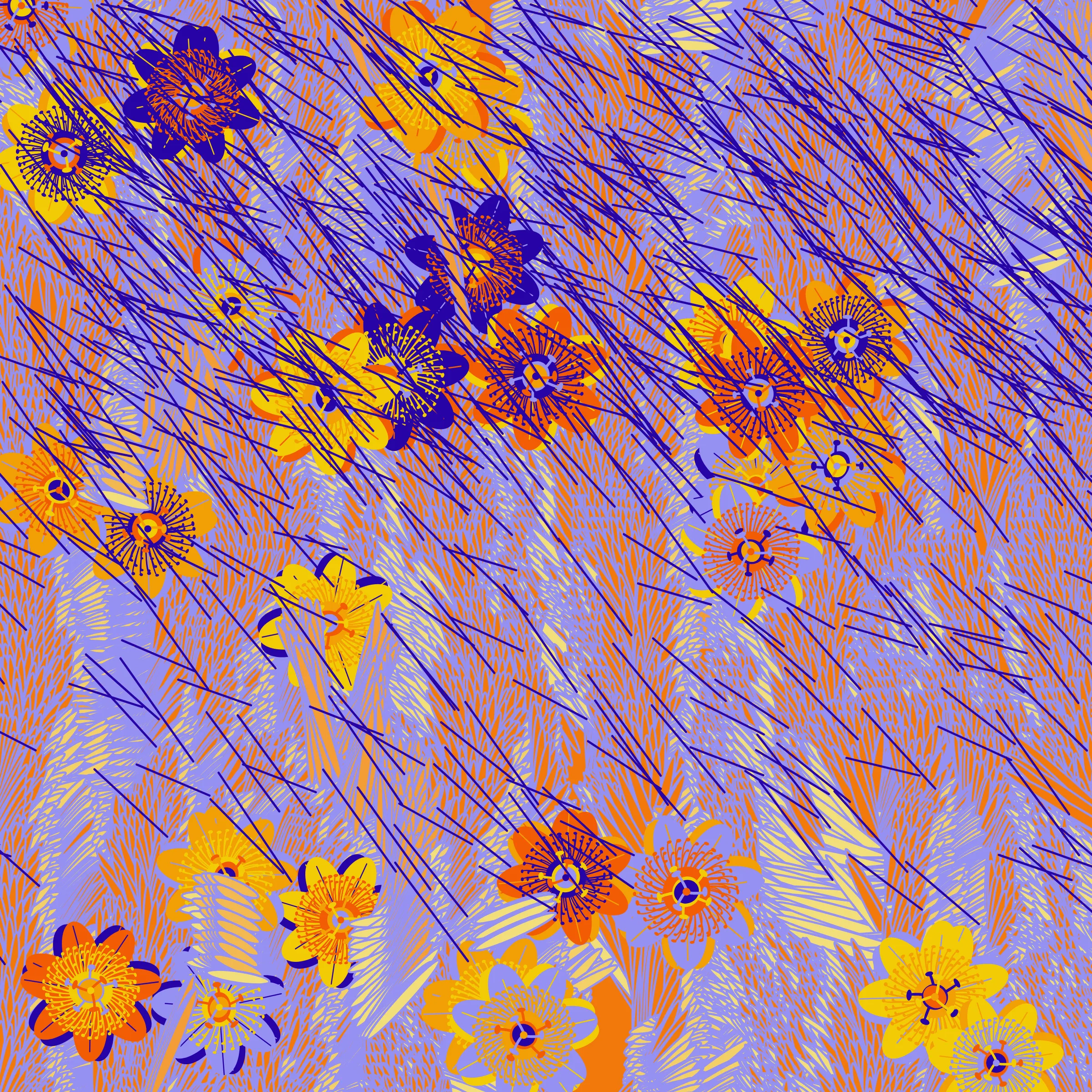 “Fragments of an infinite field” is a compositional system in which an idealized plant species is generated and arranged in a potentially infinite field of foliage. The main environmental parameter of the composition is the determination of a season of the year. The season determines the landscape’s colors and defines specific phenomena for each of them, such as rain in summer, snow in winter, petals falling in autumn, and pollen in spring. The flower has several possible variables, which can be macro aspects, affecting the entire population of the species, or micro, affecting each individual of the species differently. For example, the number of petals can be equal in all individuals or not. The number of filaments and other structures of the flower can undergo minor deviations, generating small mutations. The confusion between the figure (plant) and the background (earth, sky, other natural elements) is fascinating from a compositional point of view. The background colors are, most of the time, colors present in the figures, often breaking the boundary between them and, therefore, generating chromatic masses. In this project I also intend to research the following question: How to create parameters that resemble a living organism's growth? In this sense, the project approaches digital morphogenesis and the development of procedural organisms.