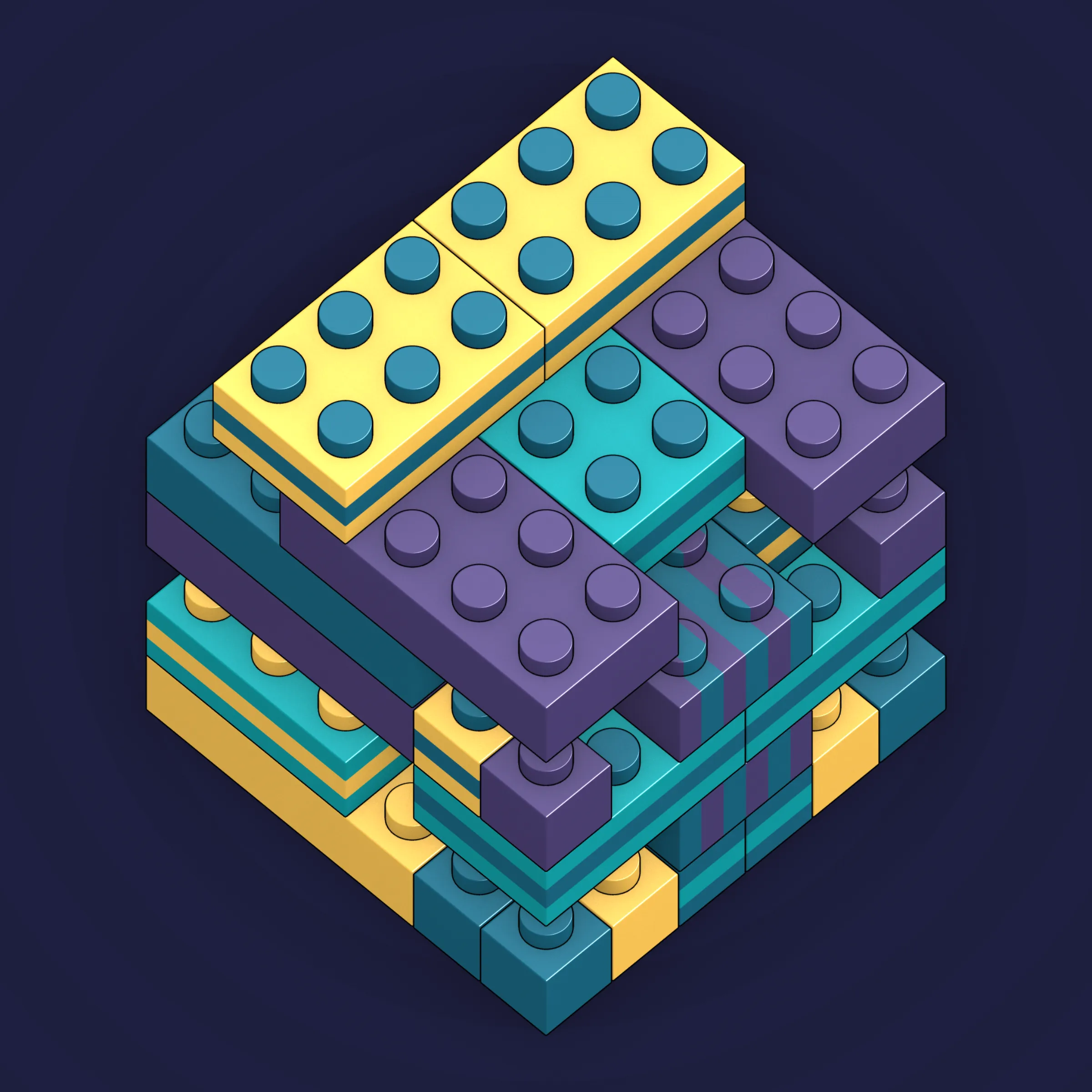 The project focuses on how easily one assigns meaning to seemingly random combinations of blocks, giving them personality and creating emotional connections.

I was inspired by Ringers, in which people see animals and other characters. I wanted to amplify this quality, and the idea of sculptures made of blocks clicked! Endless combinations, funny characters, and my passion for cubes, voxels, and modular systems.

To make the sculptures, I used technique of hybrid voxel raymarching, so we can say, the sculptures are made of colored void in a reflected space. Some of them may seem impossible due to the lack of perspective, but sooner or later it all clicks! It helps to keep in mind that all shapes are symmetrical.

The script uses modern features of GPU so it's supposed to work only on desktop: Chrome, Firefox or Safari