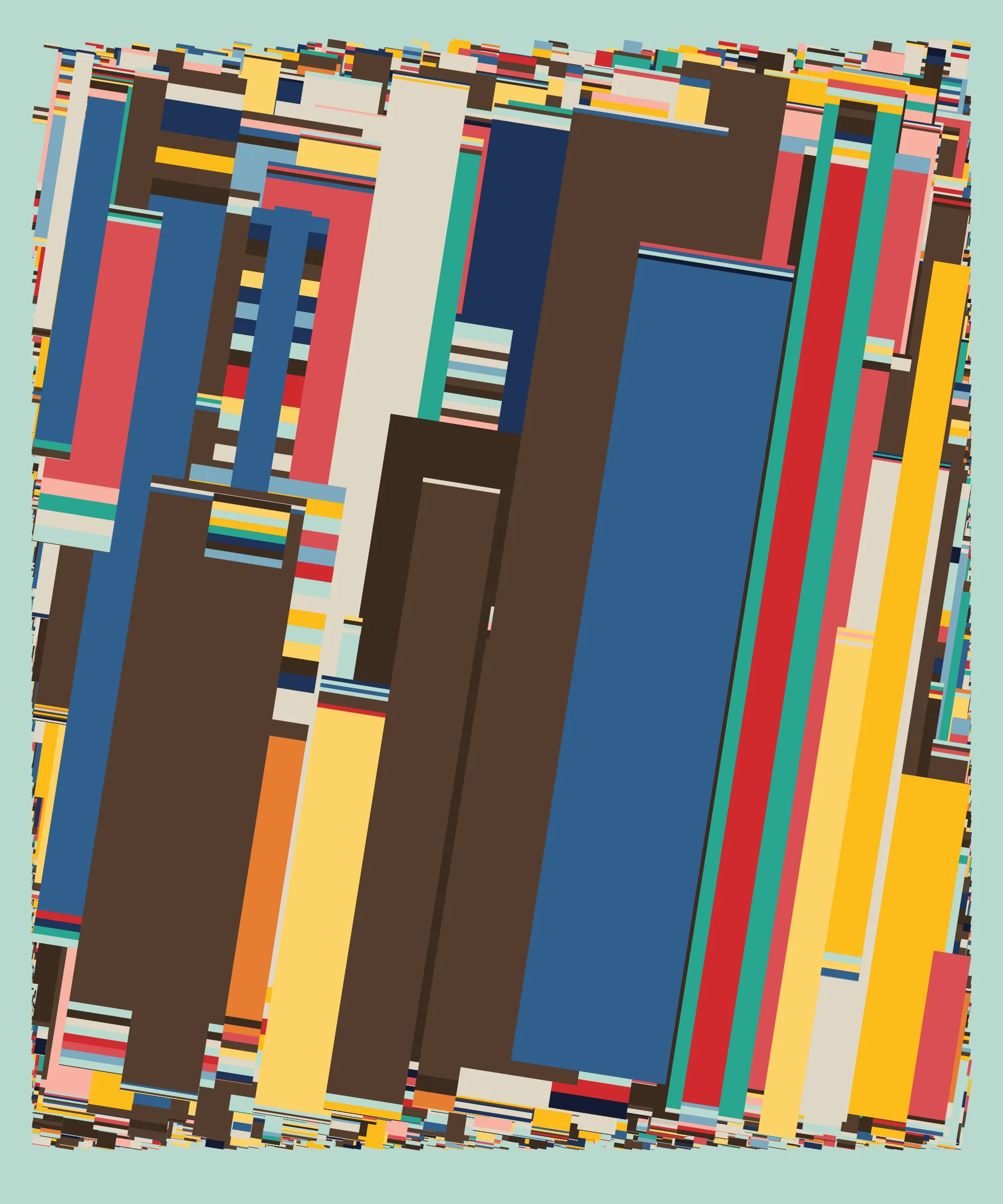Fidenza is by far my most versatile algorithm to date. Although the program stays focused on structured curves and blocks, the varieties of scale, organization, texture, and color usage it can employ create a wide array of generative possibilities.