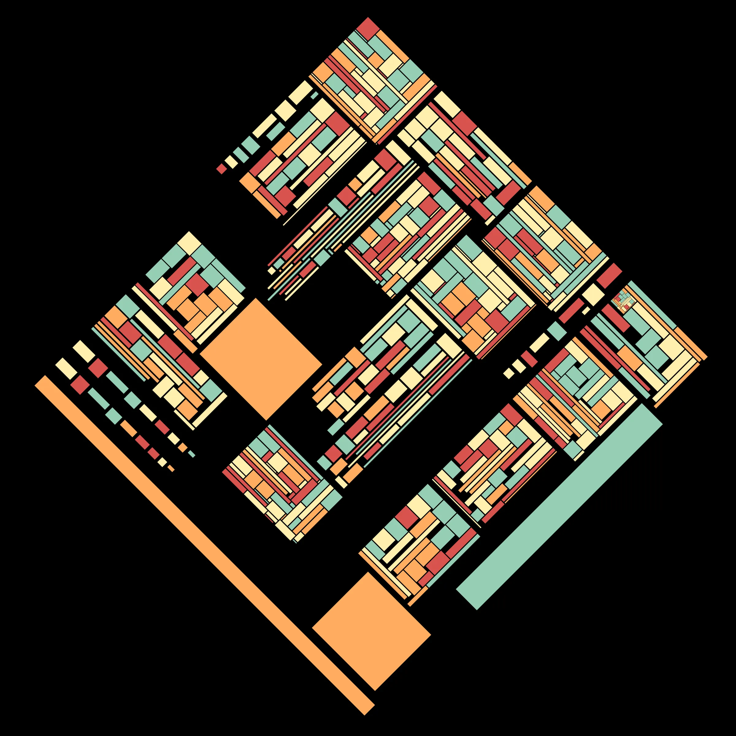 Recursion is a generative art project whose concept is recursion. Each variation starts with a block which is irregularly divided into smaller blocks, which are then divided into smaller blocks, which are then divided into smaller blocks, etc, based on a defined depth (to better visualize this concept, take a look at https://hevey.art/blog/recursion-concept). In this project, even the script is recursive! The script is able to generate a large number of variations and each of these variations is then able to generate its own variations (keeping the same properties) with a single click on the image.