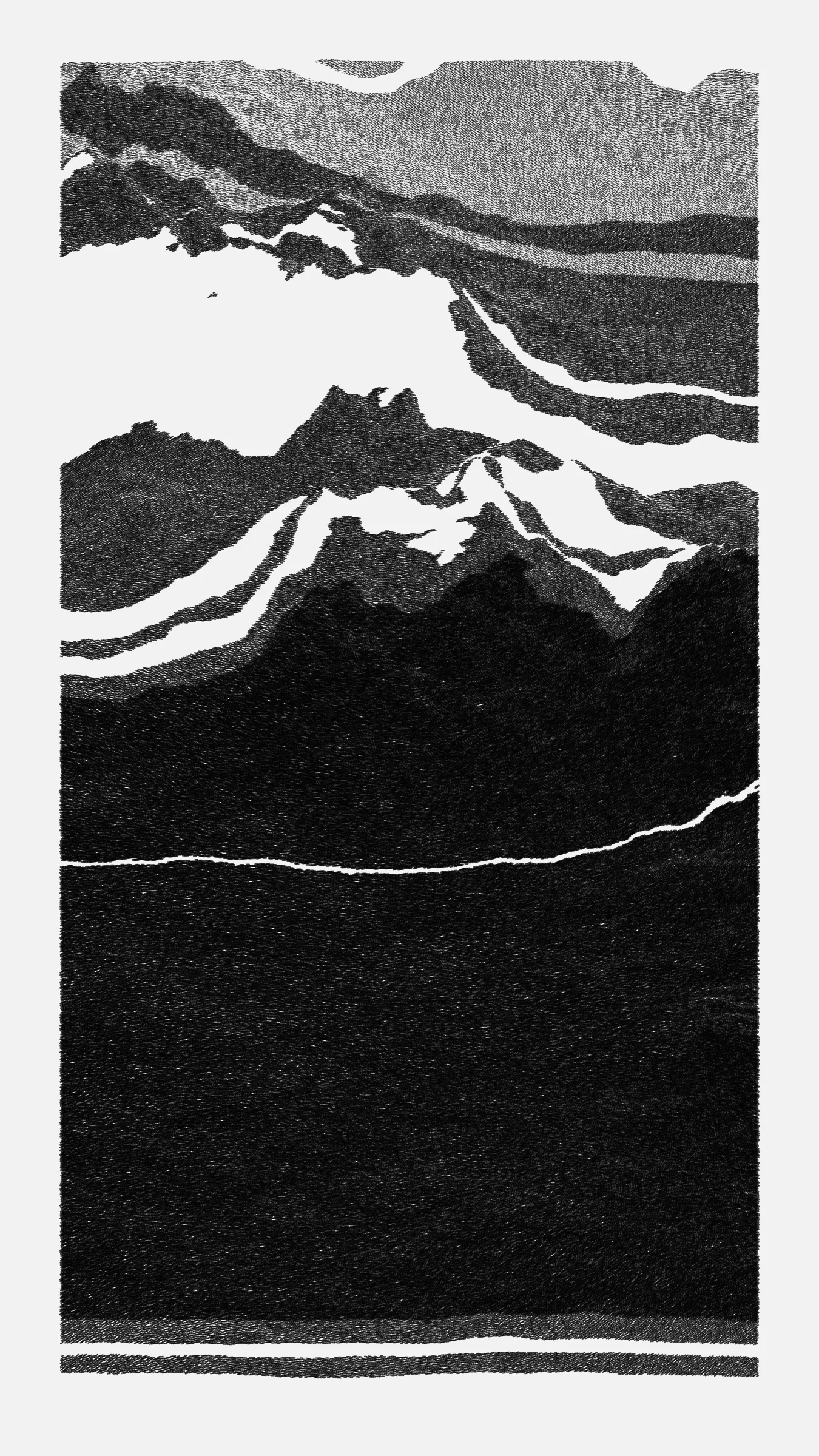 Stratified landforms constructed from many small strokes of colour. The hash of each token describes a coordinate within a multidimensional generative space, locating a unique composition that lies along one of many possible longitudes.