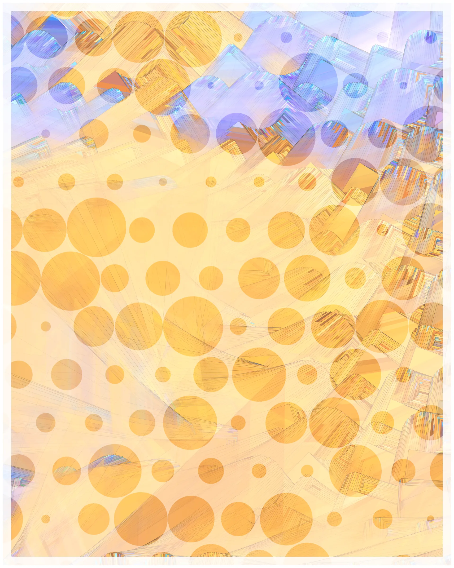 _There are no artifacts. There are only interpretations._

Glass is about the illusion of simplicity that cocoons us in our everyday existence. A glance at Glass may suggest a foam of bubbles or pebbles under clear water. But on inspection, these simple pictures dissolve. Instead of disks one finds stacked panes of translucent glass, intersecting and overlapping. There is dissonance between fine-scale chaos and the harmony of the aggregate. In Glass, two levels of reality -- panes of glass and the foam of bubbles -- are brought close together in scale, so that our oversimplified impression yields a palpable disquiet.

What appears simple is often anything but. Consider a standard wooden desk. To our eyes, it looks solid and continuous, but we know that it is made of atoms, tiny electrons orbiting nuclei. And these subatomic particles are themselves not like miniature solar systems, but creatures of quantum mechanics, stranger than we can imagine. The vast difference in scale between the atomic and the macroscopic hides this complex reality, but fundamentally it is the same phenomenon shown here.

Glass continues my exploration of emergence. While in previous work I explored how simple systems can create complex, emergent forms, here the interest is in the converse: how coherence is often deceptive, masking a complex underlying reality.

Glass draws on the aesthetic of Shin Hanga artists Hiroshi Yoshida and Kawase Hasui, and abstract expressionist Sonja Sekula. In live view, Glass has ambient motion: the shadows evolve, imperceptibly slowly.

The following variations & controls are possible. You may need to click on the canvas before they are active. For a high-resolution output, use the pixel density controls. For example, on a standard laptop, an image saved at pixel density 5 will be approximately 3200 x 4000 pixels, and therefore suitable for printing at ~ 11" x 13" at 300 dpi.

Variations (require redrawing):

f -- fit-to-screen on/off
o -- outline on/off

Controls:

s   -- save as png
spacebar  -- pause/unpause ( useful to reduce CPU load in Live mode )
b -- border on/off ( useful for printing )
1-9  -- set pixel density (default=2 on retina displays)
+/-  -- increase/decrease pixel density