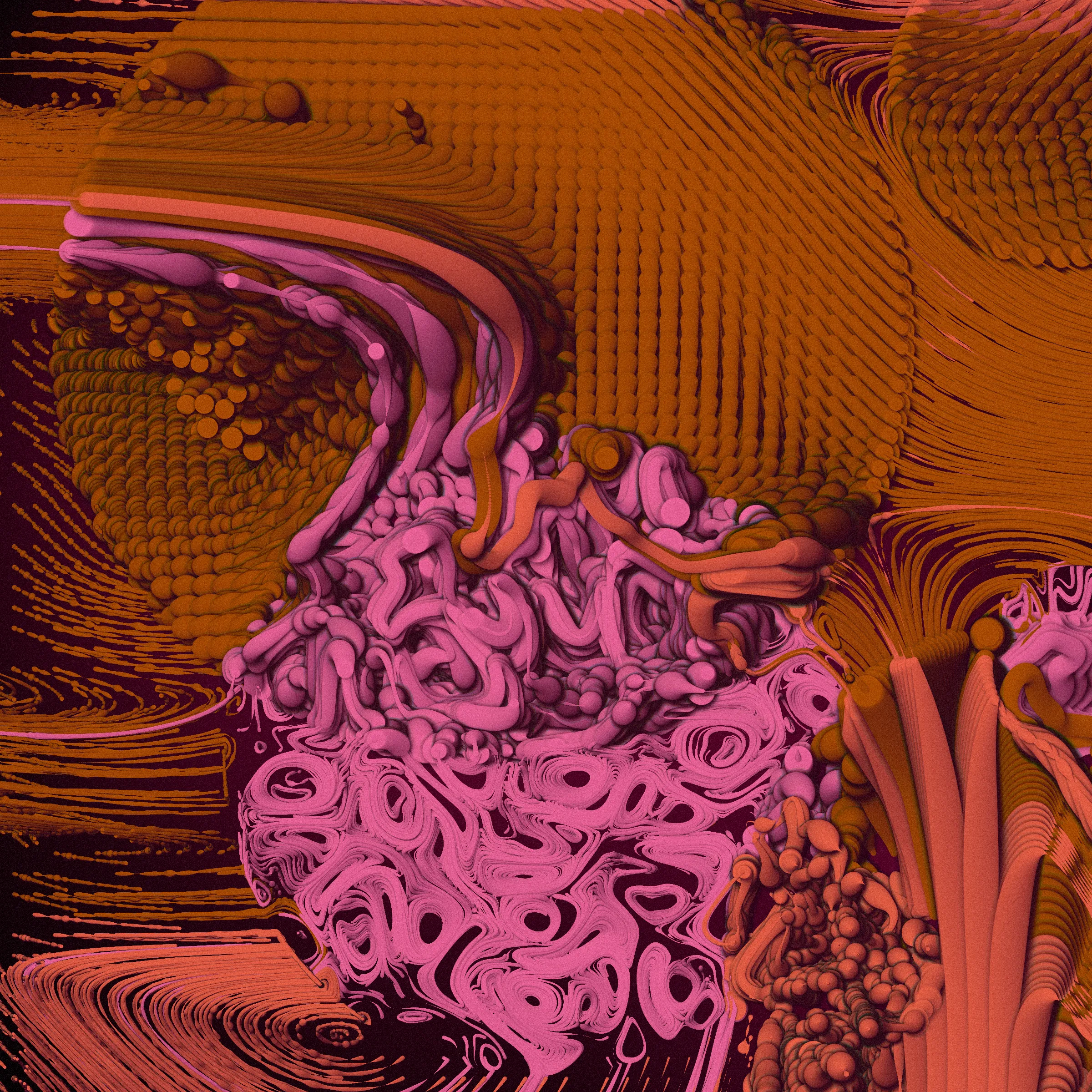 Drifting apart as the little islands that we are, you may ask yourself
_What is bigger - the inner space or the outer?_

This project was inspired by the multitudes we keep within us. The harsh shadows and the combination of pure 2d rendering with a 3d effect mimic feelings of separation from the rest of the world. Their undetermined scale reflects the seemingly unlimited depths of consciousness.

_The Inner World_ starts its rendering from one or more circular cores representing the centers of our personalities. Each of these cores spawns various thoughts and emotions, flowing as tendrils through the scene, making connections among themselves or reaching for the outside. Their movement ranges from straight and orderly to (seemingly) chaotic, sometimes twisting the clean underlying personality center into a completely different shape. Two rendering styles (illustrative and shaded) with palettes ranging from cool, gloomy and serious to cheerful or dramatic reflect the variety of predispositions.

While waiting for the rendering to complete, look at the focus animation highlighting the circular cores of your piece. You're invited to spend this time pondering how everything you know, everything you have or will ever experience, and even the most majestic sights from stars to microbes fit into the space between your ears.