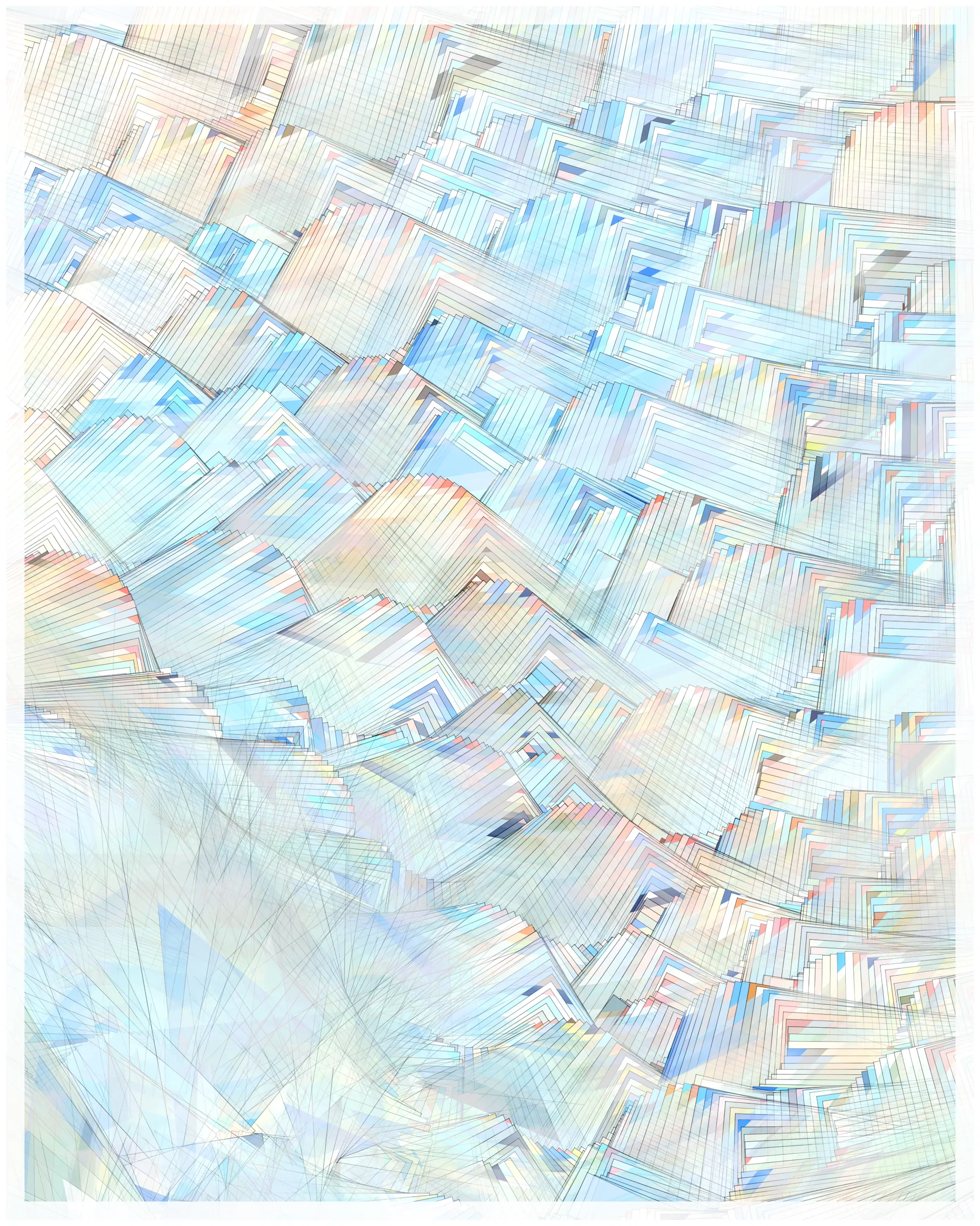 _There are no artifacts. There are only interpretations._

Glass is about the illusion of simplicity that cocoons us in our everyday existence. A glance at Glass may suggest a foam of bubbles or pebbles under clear water. But on inspection, these simple pictures dissolve. Instead of disks one finds stacked panes of translucent glass, intersecting and overlapping. There is dissonance between fine-scale chaos and the harmony of the aggregate. In Glass, two levels of reality -- panes of glass and the foam of bubbles -- are brought close together in scale, so that our oversimplified impression yields a palpable disquiet.

What appears simple is often anything but. Consider a standard wooden desk. To our eyes, it looks solid and continuous, but we know that it is made of atoms, tiny electrons orbiting nuclei. And these subatomic particles are themselves not like miniature solar systems, but creatures of quantum mechanics, stranger than we can imagine. The vast difference in scale between the atomic and the macroscopic hides this complex reality, but fundamentally it is the same phenomenon shown here.

Glass continues my exploration of emergence. While in previous work I explored how simple systems can create complex, emergent forms, here the interest is in the converse: how coherence is often deceptive, masking a complex underlying reality.

Glass draws on the aesthetic of Shin Hanga artists Hiroshi Yoshida and Kawase Hasui, and abstract expressionist Sonja Sekula. In live view, Glass has ambient motion: the shadows evolve, imperceptibly slowly.

The following variations & controls are possible. You may need to click on the canvas before they are active. For a high-resolution output, use the pixel density controls. For example, on a standard laptop, an image saved at pixel density 5 will be approximately 3200 x 4000 pixels, and therefore suitable for printing at ~ 11" x 13" at 300 dpi.

Variations (require redrawing):

f -- fit-to-screen on/off
o -- outline on/off

Controls:

s   -- save as png
spacebar  -- pause/unpause ( useful to reduce CPU load in Live mode )
b -- border on/off ( useful for printing )
1-9  -- set pixel density (default=2 on retina displays)
+/-  -- increase/decrease pixel density