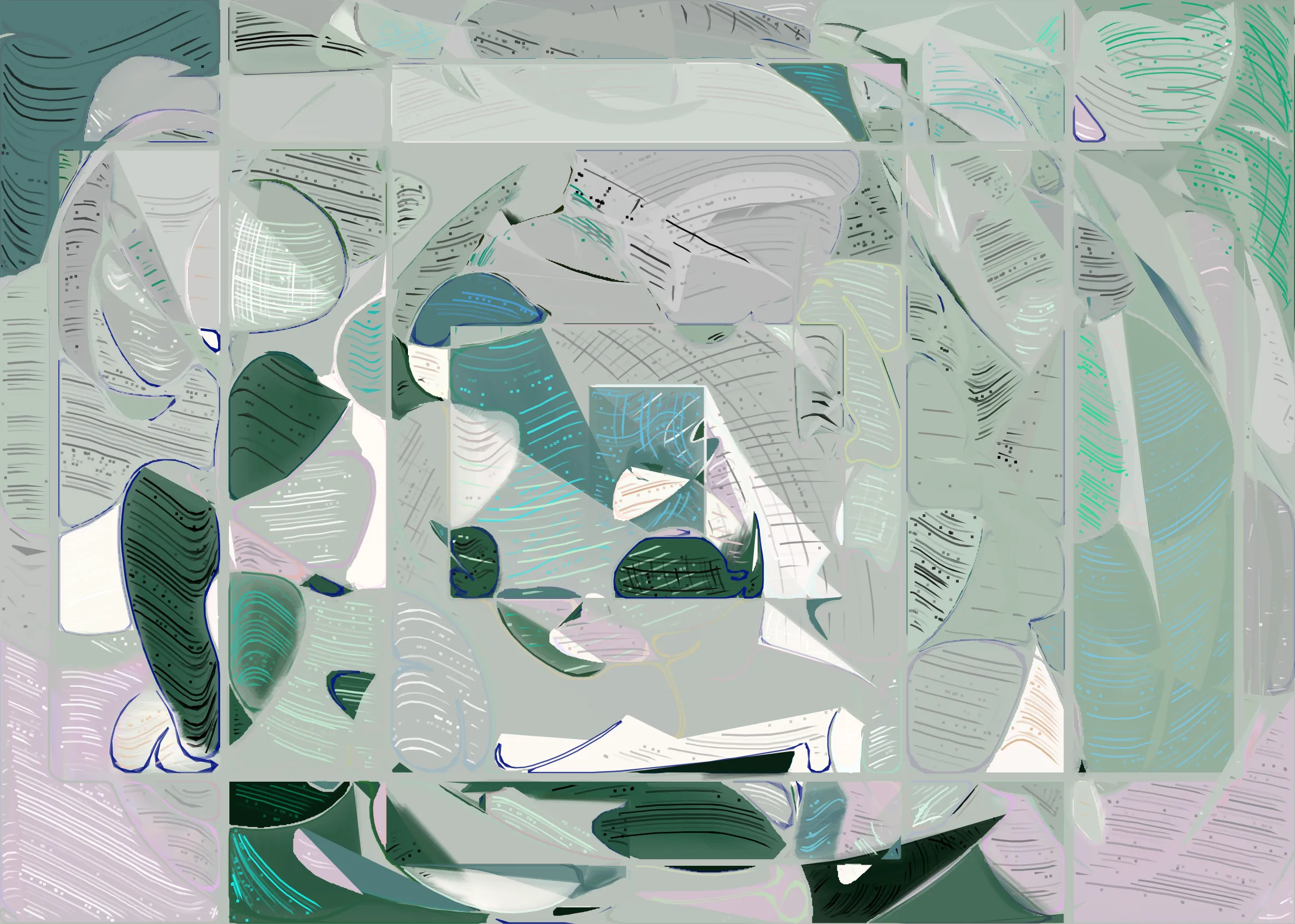 **Running Moon** depicts the nuanced interaction between clouds and moonlight. It is a search for boundaries between structure and fluidity, precision and errors. It is a quest for harmony. 

The rendering of **Running Moon** is inspired by stained glass and watercolor. It captures the sharpness of the glass and the softness of light using abstract forms. As organic shapes gradually expand to fill the space, brush-pen-like stripes solder these pieces together to form intricate compositions.
