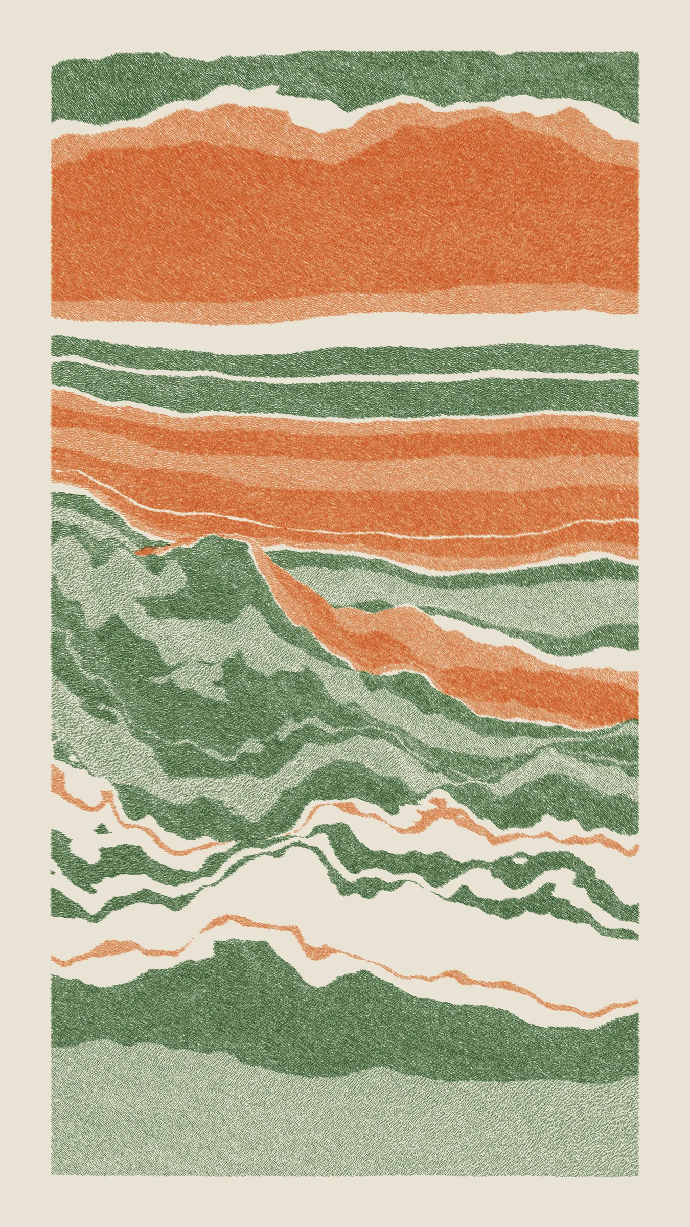 Stratified landforms constructed from many small strokes of colour. The hash of each token describes a coordinate within a multidimensional generative space, locating a unique composition that lies along one of many possible longitudes.