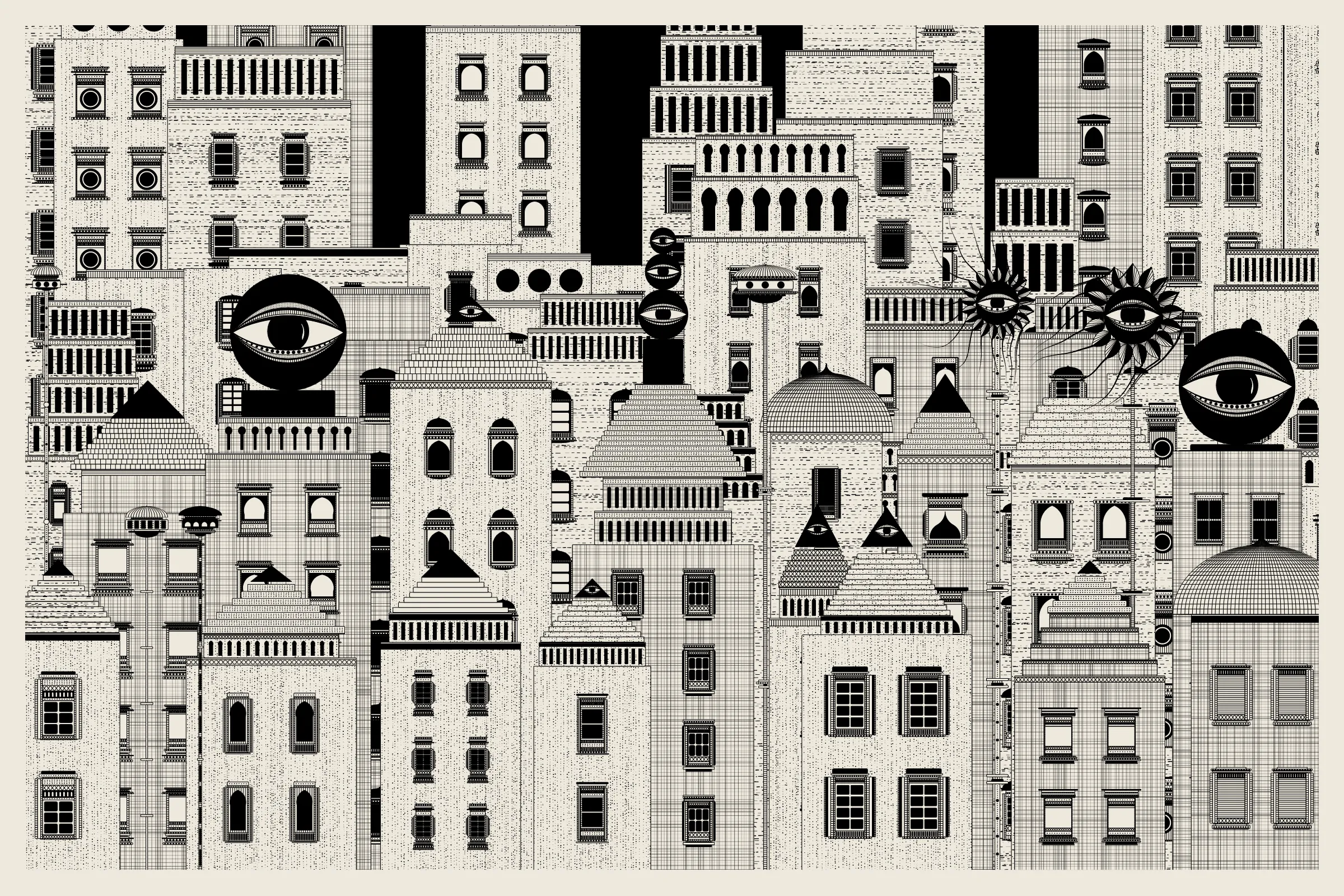 _Alan Ki Aankhen_ is an exploration of other-worldly cityscapes in the visual aesthetic of Fahad’s distinct style with pen and paper. The title, translated as _Alan’s Eyes_, alludes to Alan Turing’s machine intelligence test - a thought experiment foreshadowing a moment in which we can no longer differentiate between the real and the artificial. Though first proposed in 1950, the topic feels especially relevant today, as even our creative practices are being carried by shifting technological tides.

The algorithms and decision-making encoded into this generative art project intentionally imitate Fahad’s approach on traditional mediums - composition rules, textures, and overall themes. The visual elements are inspired by Fahad’s memories from his nomadic life. You’ll find intricate windows from Rajasthan, massive Egyptian pyramids rising from the horizon, a density of civilization only seen in New York, and the moon - a comforting and shared sight no matter where you stand.