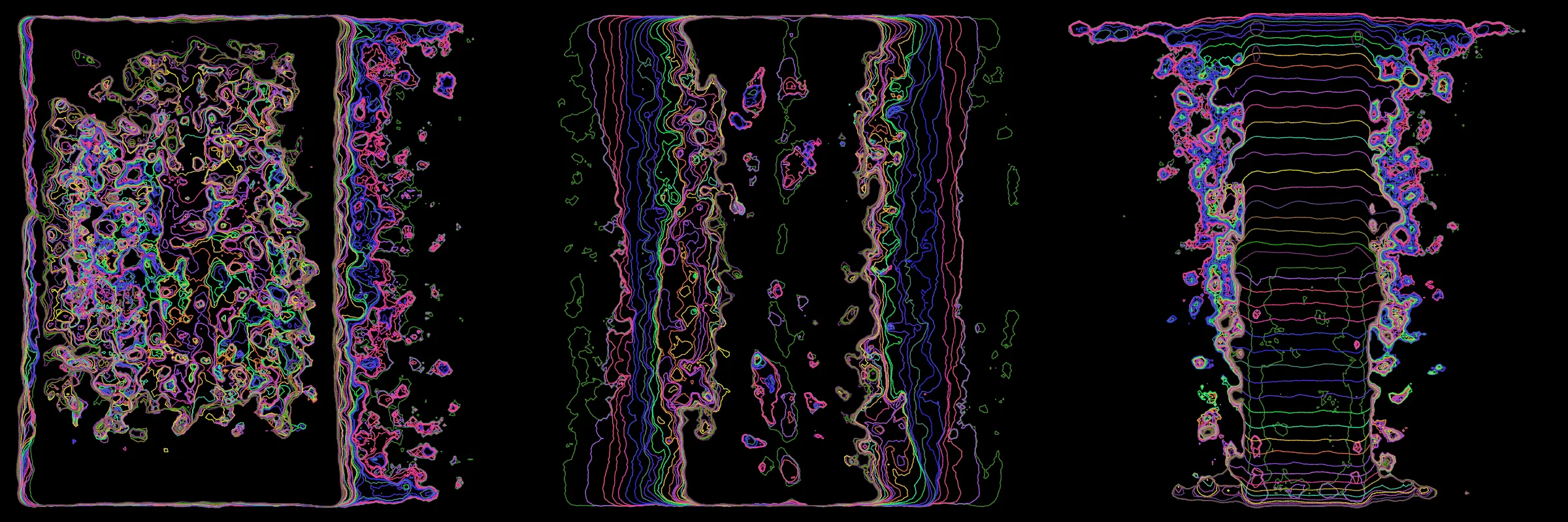 Primordial presents forms as diverse as those found in the natural world. The emergent system powering Primordial is capable of generating this diversity but is hard to control. After the initial generation there is a curation step; forms must meet certain criteria or the algorithm replaces them.

The forms produced by Primordial are presented in a triptych, as comparing multiple outputs is fundamental to understanding a generative algorithm. Primordial attempts to generate triptychs where the individual forms are related, and the results can be surprisingly harmonious or discordant.

Once the triptych is finalized, click on one of the forms to redraw a previous image. Press s to save the entire triptych, or 1-3 to save an individual image.