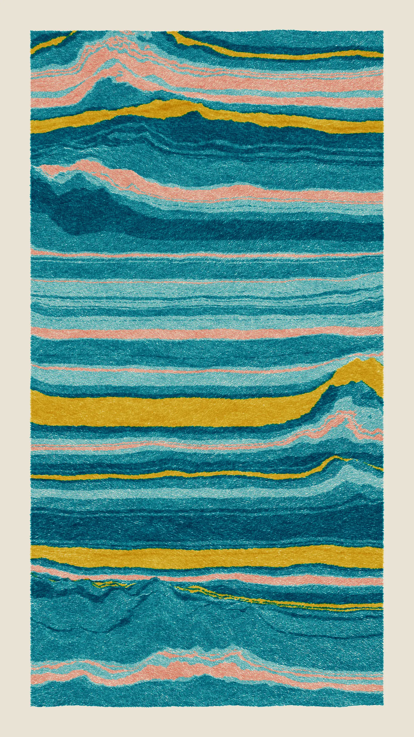 Stratified landforms constructed from many small strokes of colour. The hash of each token describes a coordinate within a multidimensional generative space, locating a unique composition that lies along one of many possible longitudes.