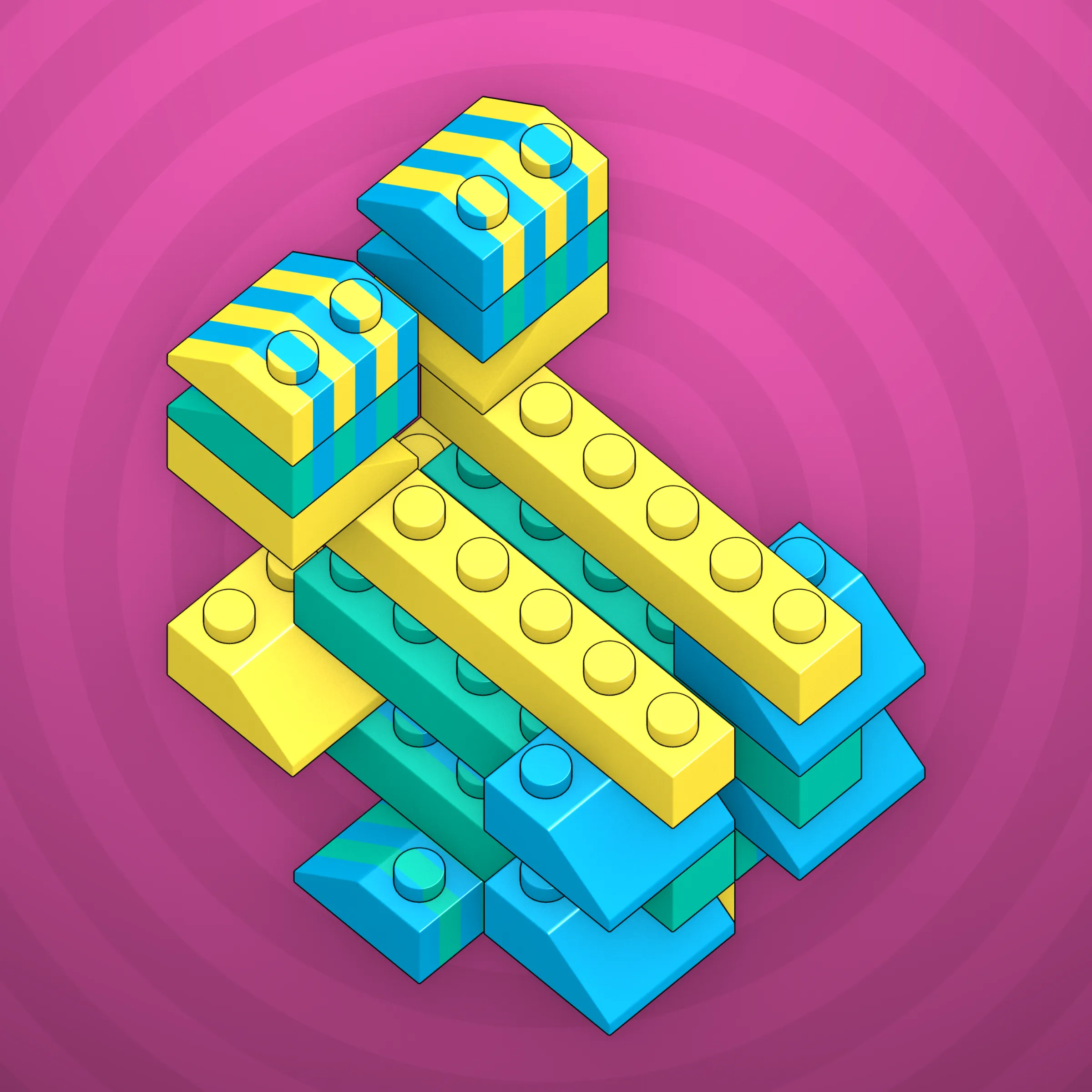 The project focuses on how easily one assigns meaning to seemingly random combinations of blocks, giving them personality and creating emotional connections.

I was inspired by Ringers, in which people see animals and other characters. I wanted to amplify this quality, and the idea of sculptures made of blocks clicked! Endless combinations, funny characters, and my passion for cubes, voxels, and modular systems.

To make the sculptures, I used technique of hybrid voxel raymarching, so we can say, the sculptures are made of colored void in a reflected space. Some of them may seem impossible due to the lack of perspective, but sooner or later it all clicks! It helps to keep in mind that all shapes are symmetrical.

The script uses modern features of GPU so it's supposed to work only on desktop: Chrome, Firefox or Safari