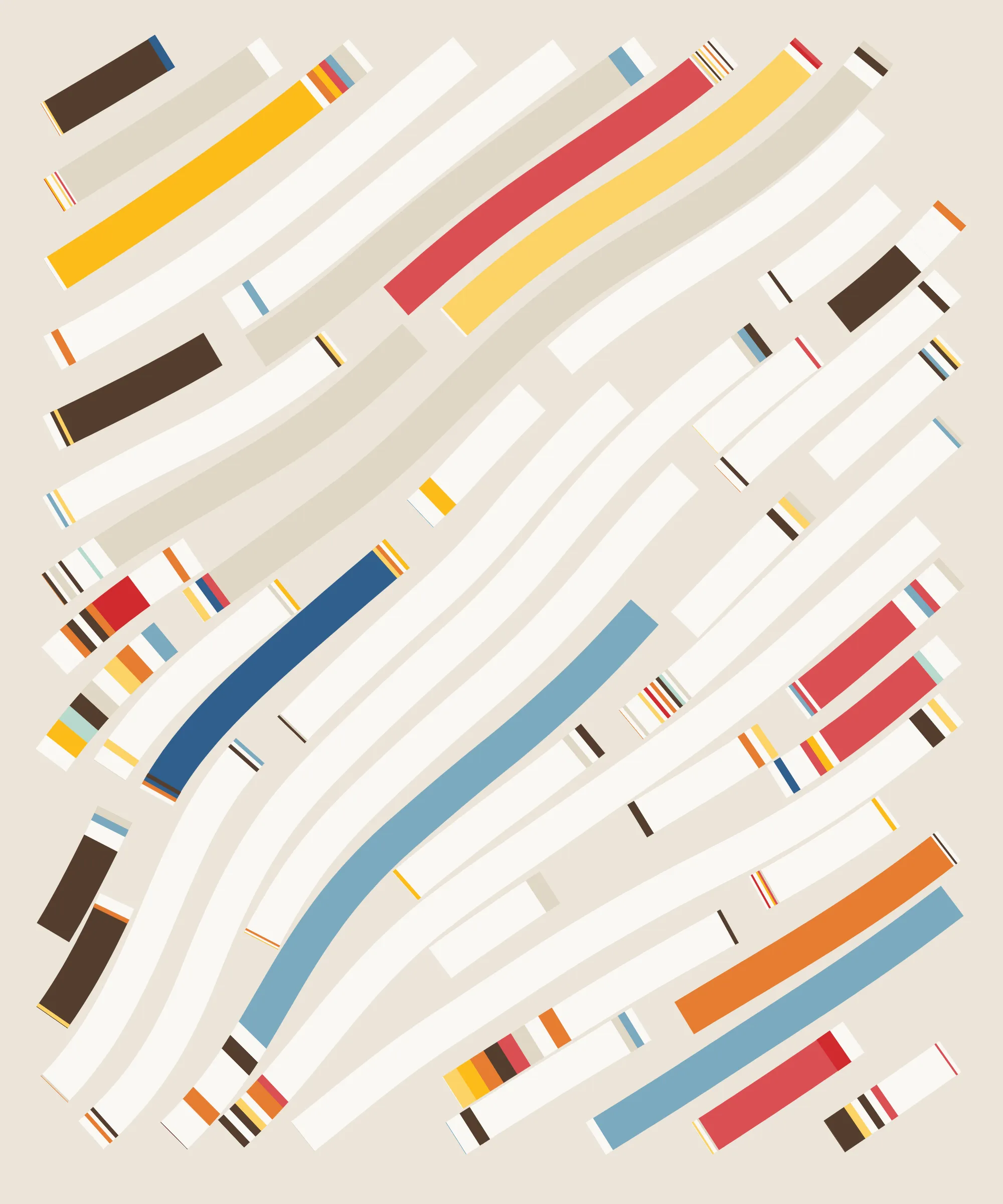 Fidenza is by far my most versatile algorithm to date. Although the program stays focused on structured curves and blocks, the varieties of scale, organization, texture, and color usage it can employ create a wide array of generative possibilities.