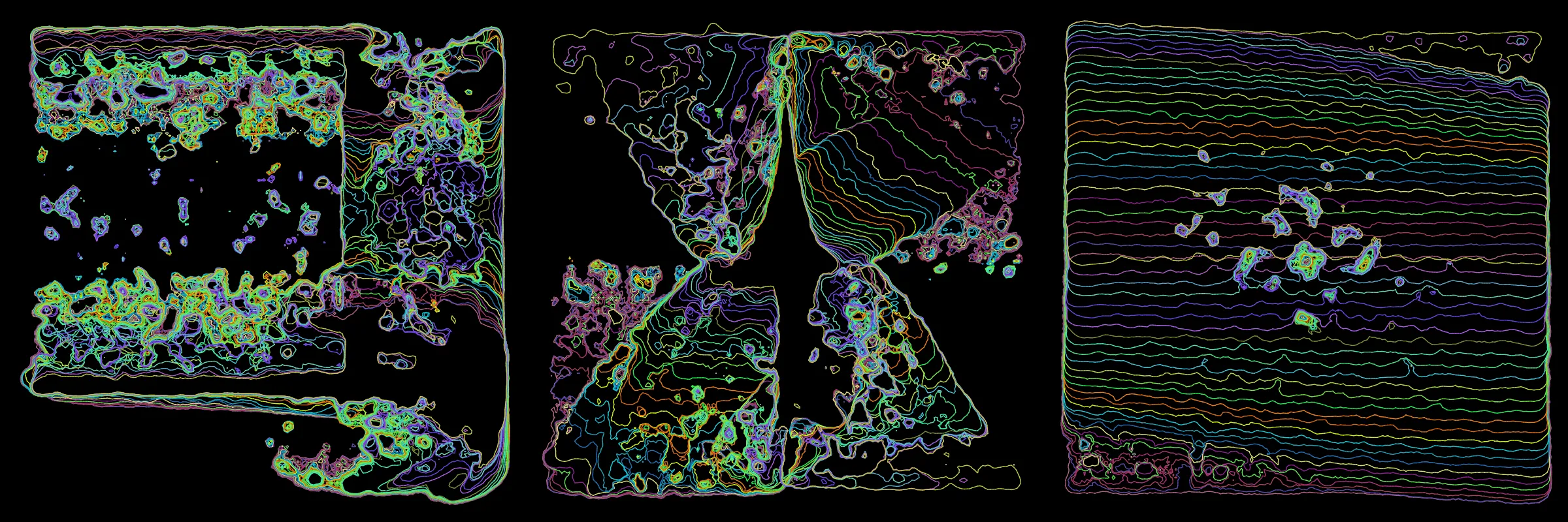 Primordial presents forms as diverse as those found in the natural world. The emergent system powering Primordial is capable of generating this diversity but is hard to control. After the initial generation there is a curation step; forms must meet certain criteria or the algorithm replaces them.

The forms produced by Primordial are presented in a triptych, as comparing multiple outputs is fundamental to understanding a generative algorithm. Primordial attempts to generate triptychs where the individual forms are related, and the results can be surprisingly harmonious or discordant.

Once the triptych is finalized, click on one of the forms to redraw a previous image. Press s to save the entire triptych, or 1-3 to save an individual image.